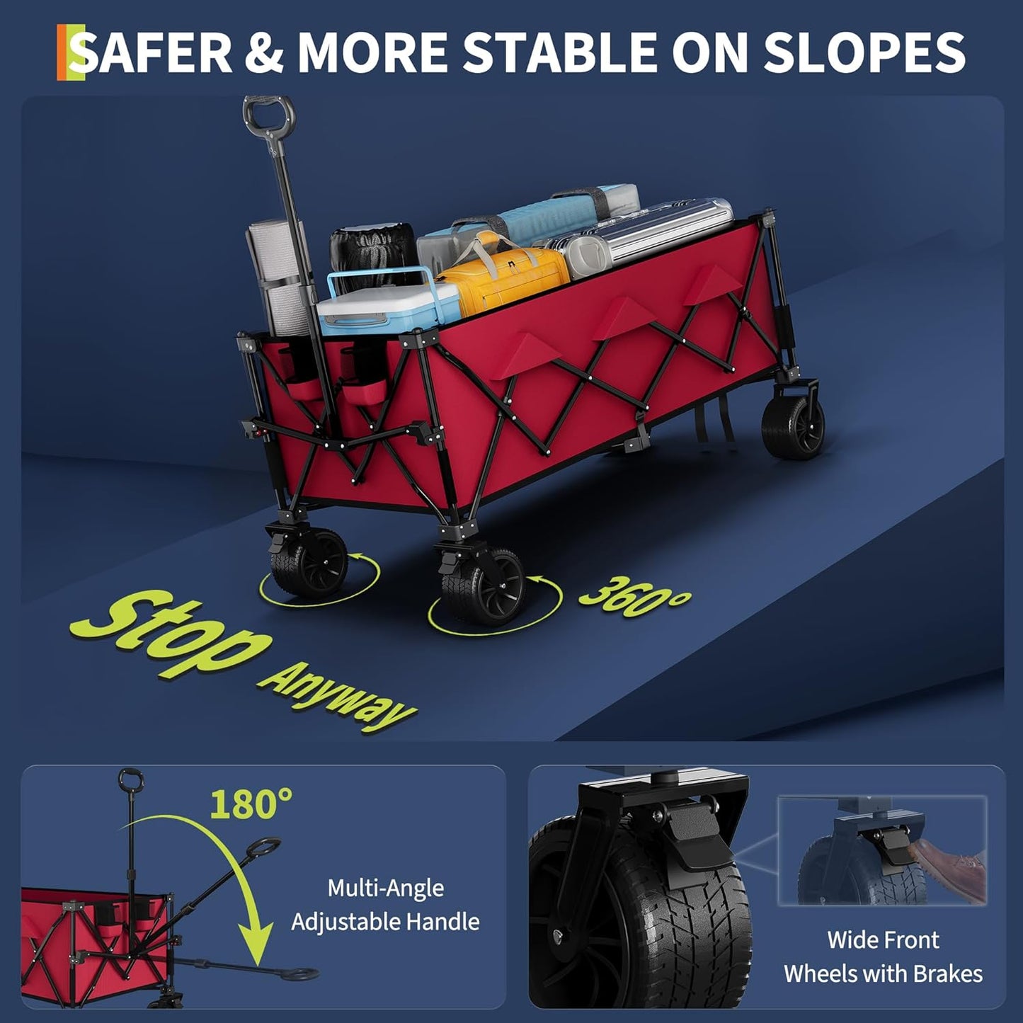 Garvee Extra Long Collapsible Wagons Carts, 54 x 29 x 42", All Terrain Wheels, Cup Holders