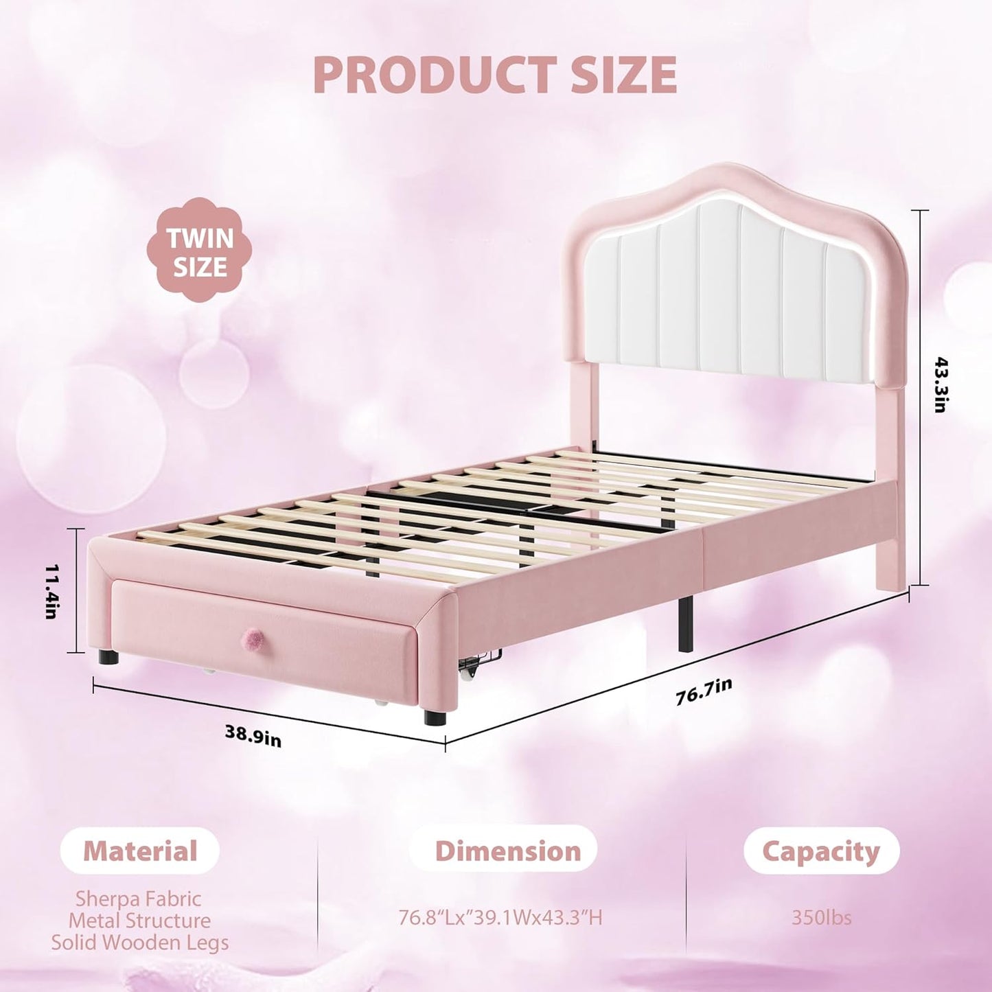 Goldensoil 11.4 inch Twin Size Bed Frame for Girls, with Storage Drawer, LED Light, Pink