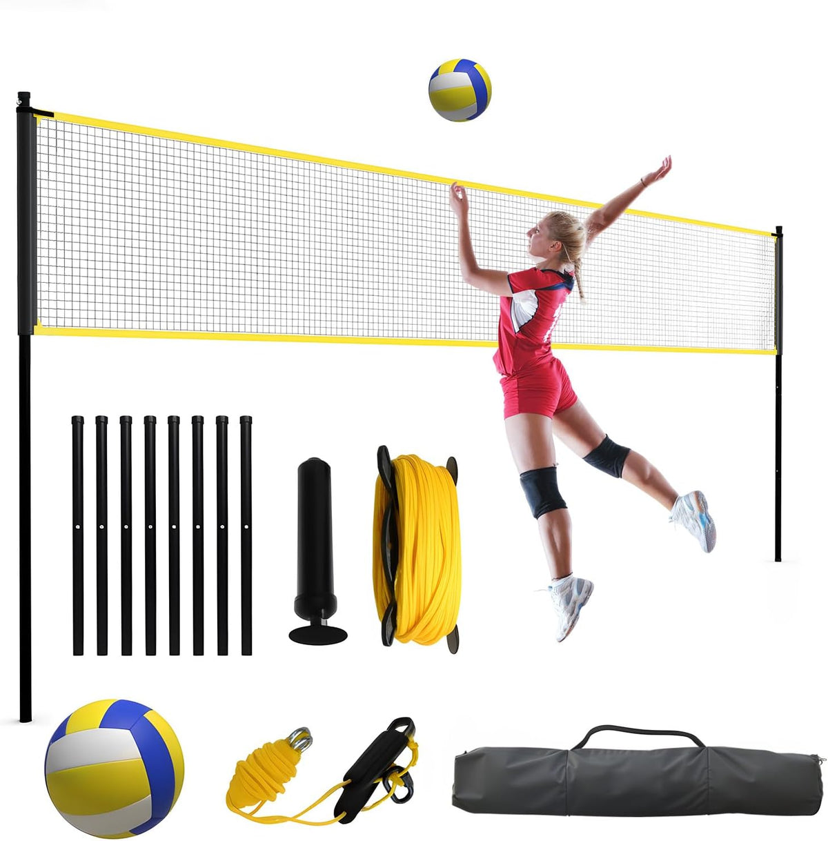 Riedhoff Portable 32 ft x 8 ft Outdoor Volleyball Net Set, with Adjustable Height, Yellow & Black