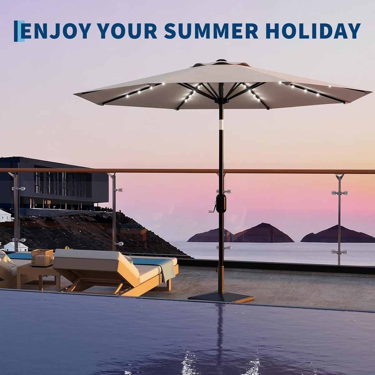 Riedhoff 9 feet Patio Umbrella with 32 LED Solar Lights, 8 Ribs, Tilt Crank