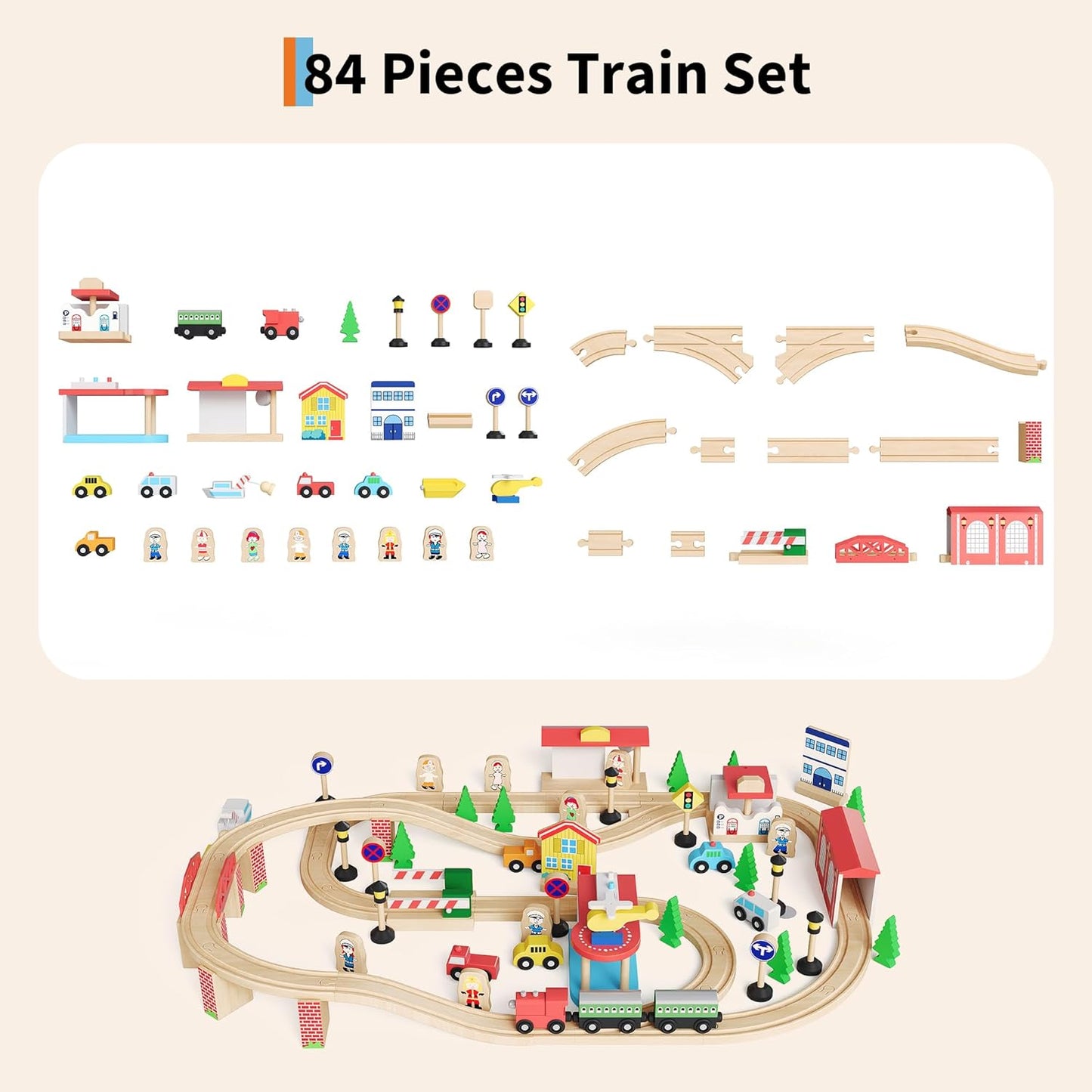 Garvee Wooden Train Table, 84 Piece Set with 1 Storage Bin, 38.2 x 24.6 x 15.6 Inch, for Toddlers 3+