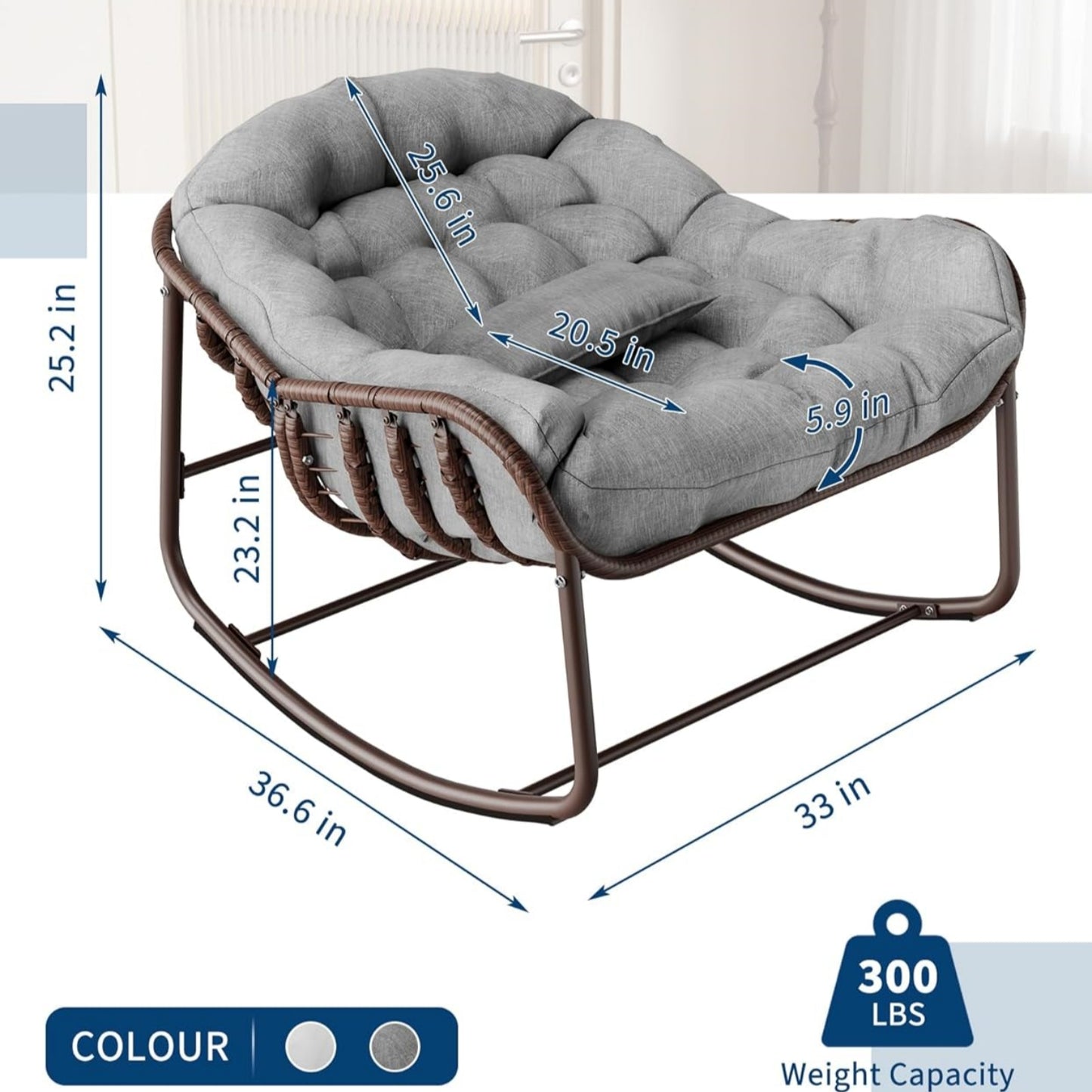 Garvee Outdoor Rocking Chair with Cushion, 36.6 x 33 x 25.2", Oversized Papasan Rocker