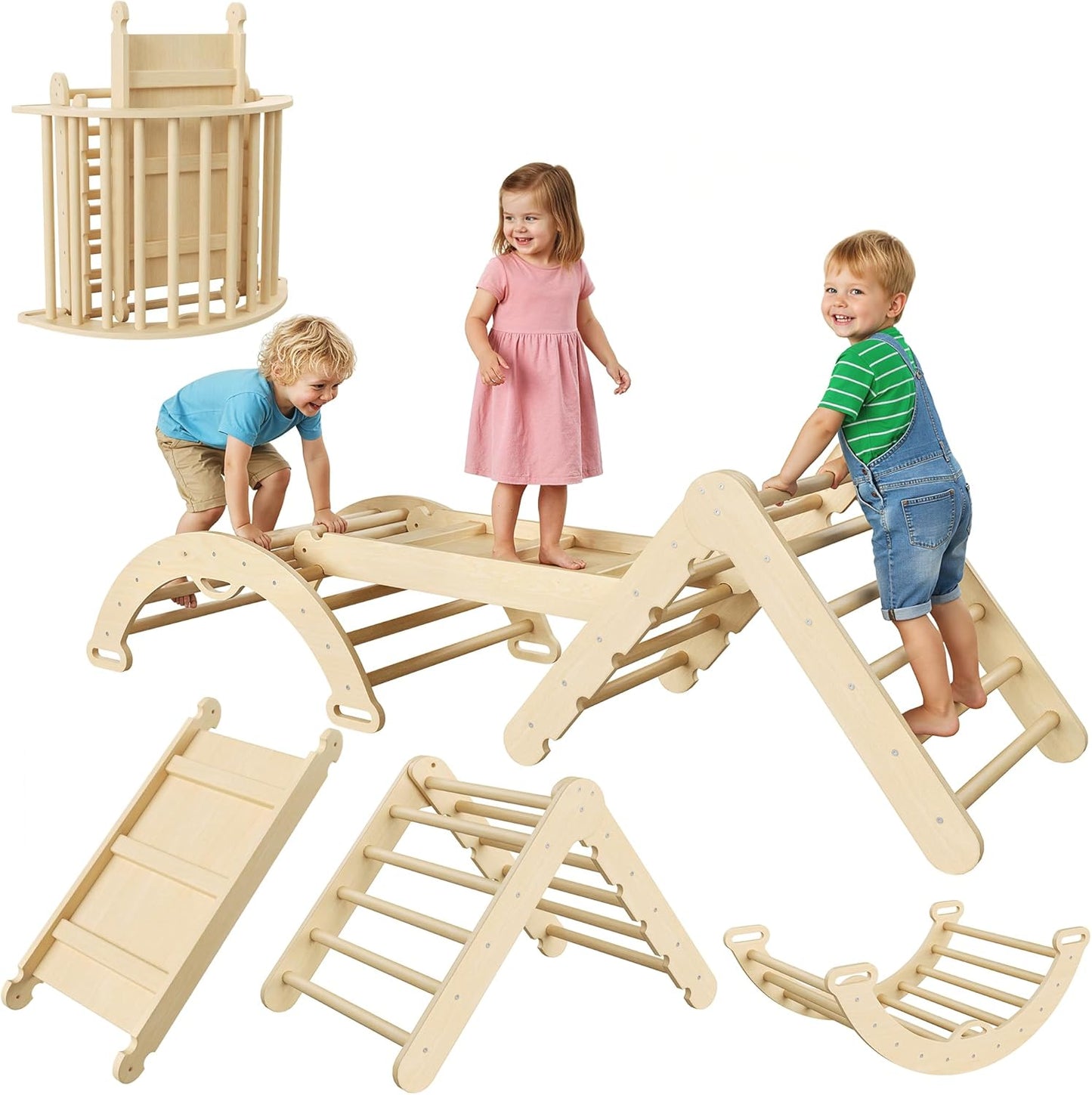 Garvee Pikler Triangle Set, 3-in-1 Toddler Climbing Toys, with Ramp Arch Ladder, Oak
