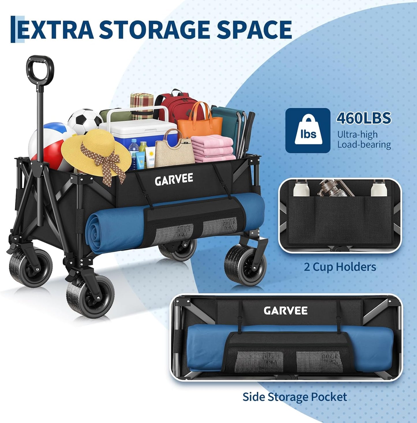 Garvee Large Foldable Wagon Carts, 480 ibs Weight Capacity, 280L with 4" Width Wheels