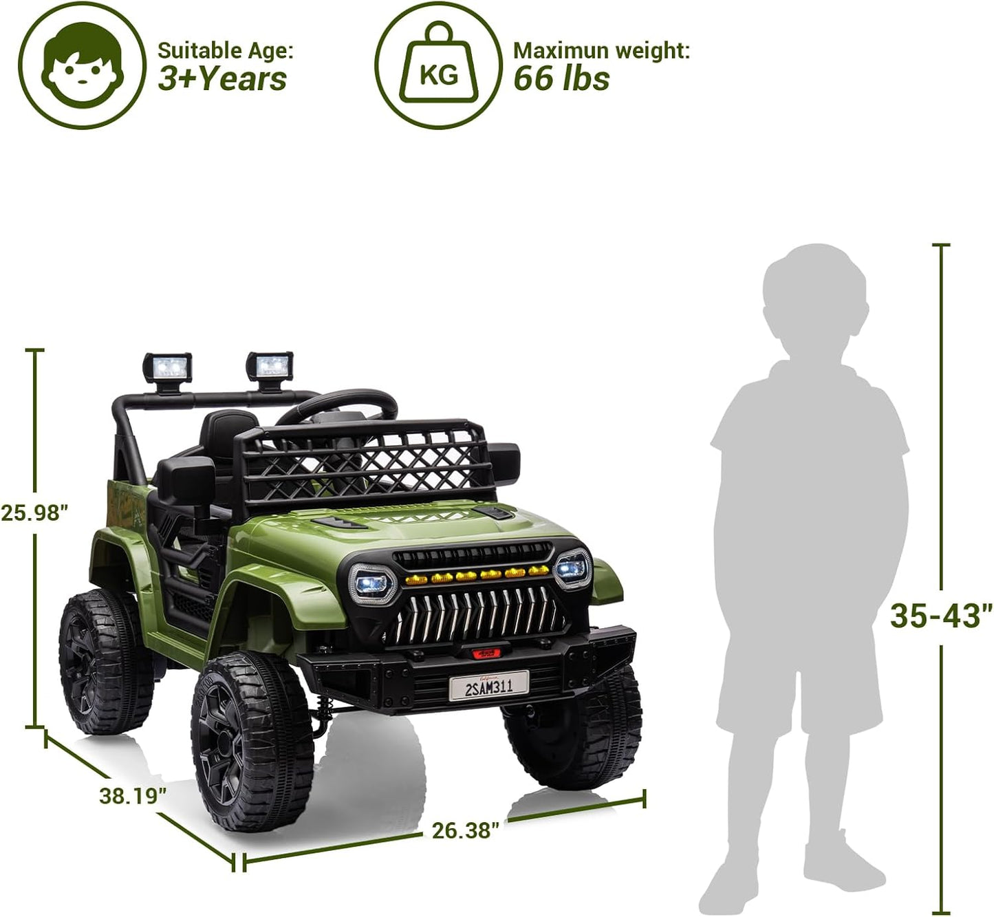 Garvee Kids Ride On Truck Car TR2311 with Remote Controller, LED Lights & Music, Age 3+