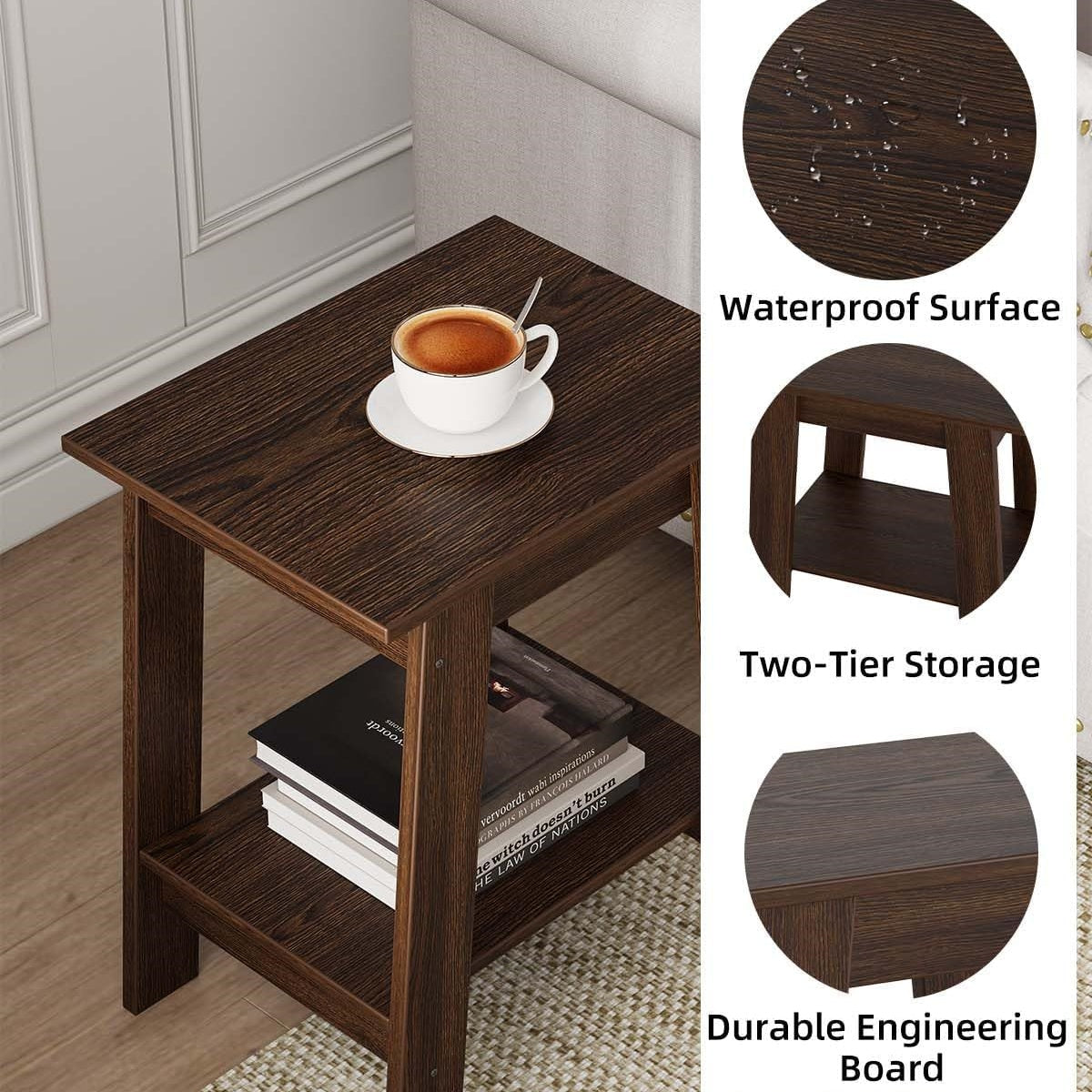 Garvee Farmhouse 2 Tiers End Table, with Storage Shelves