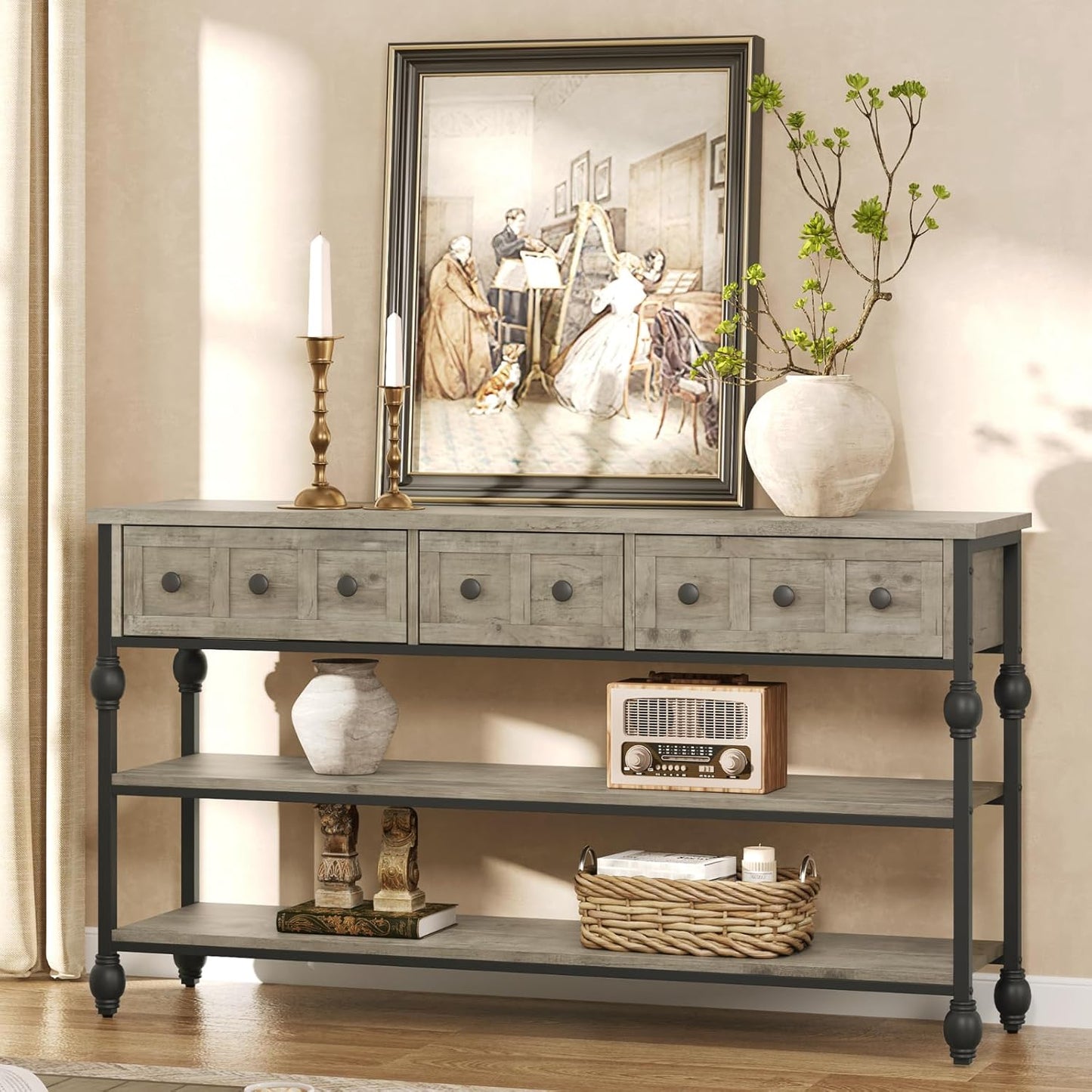 Garvee Console Sofa Table with 3 Drawers, 3-Tier Storage Shelves, 52.56 x 11.81 x 28.54", Gray