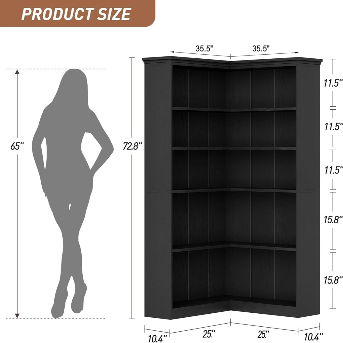 Garvee Large 5-Tier L-Shaped Corner Bookshelf, 35.5 x 35.5 x 72.8"