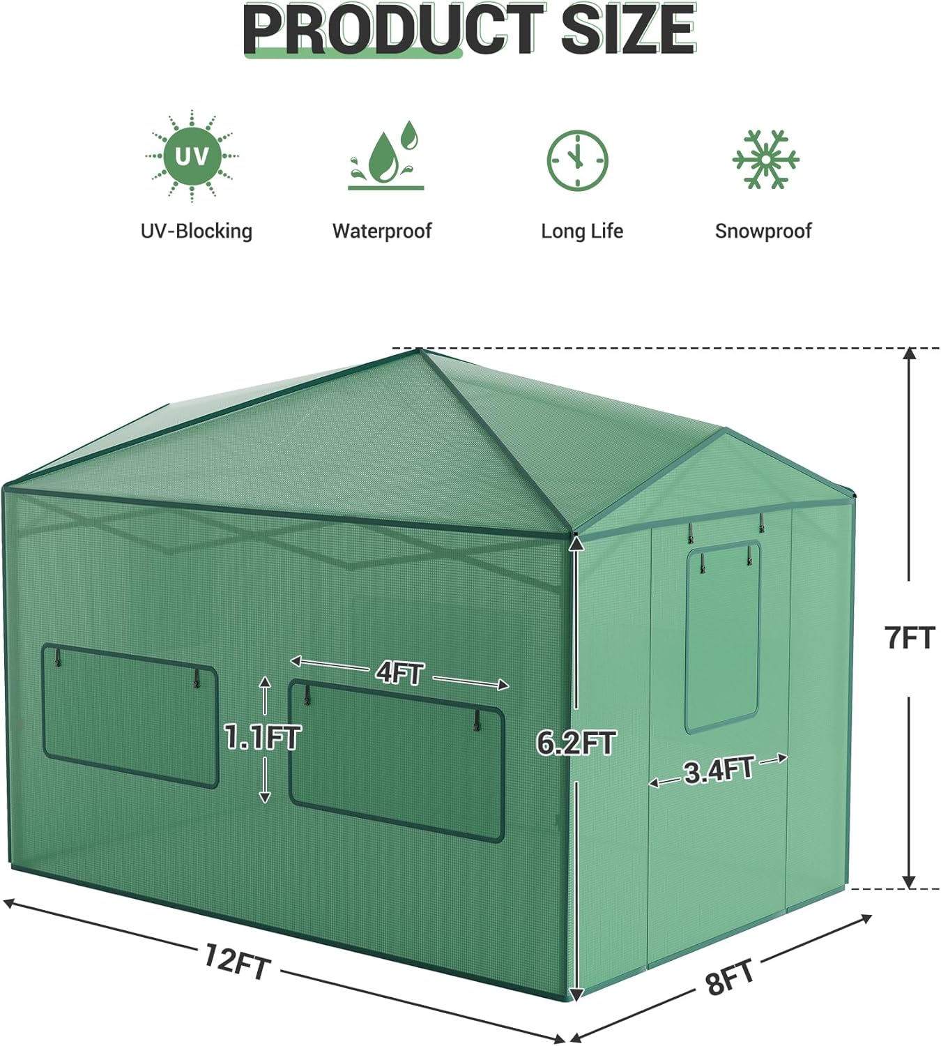 Riedhoff Portable Walk-in Greenhouse, Pop-up , Zippered Doors & Windows, Green