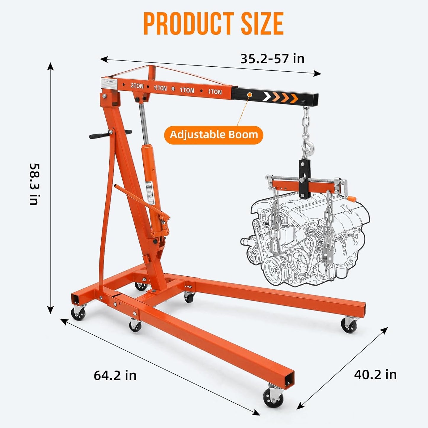 Garvee Steel Folding Hydraulic Engine Hoist, Heavy Duty with Lever, 2 Ton Max, 6 Wheels