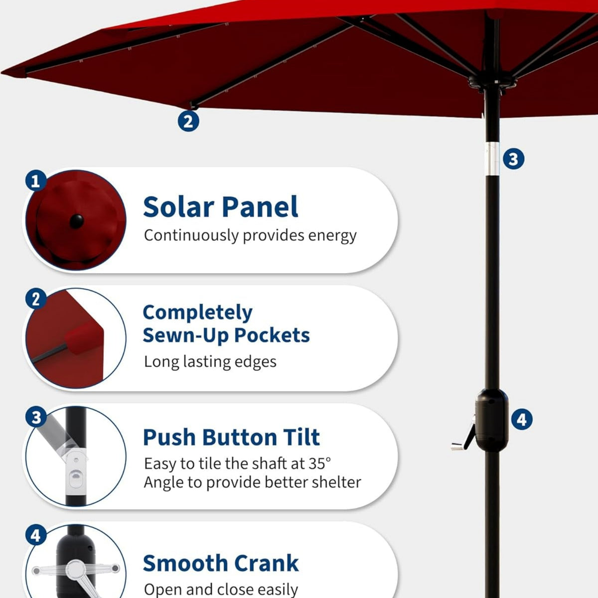 Riedhoff 9 feet Patio Umbrella with 32 LED Solar Lights, 8 Ribs, Tilt Crank