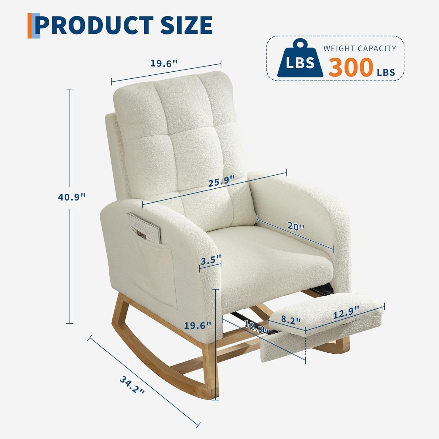 Garvee Nursery Rocking Chair 34.2 x 25.9 x 40.9", with Footrest, High Back, Beige