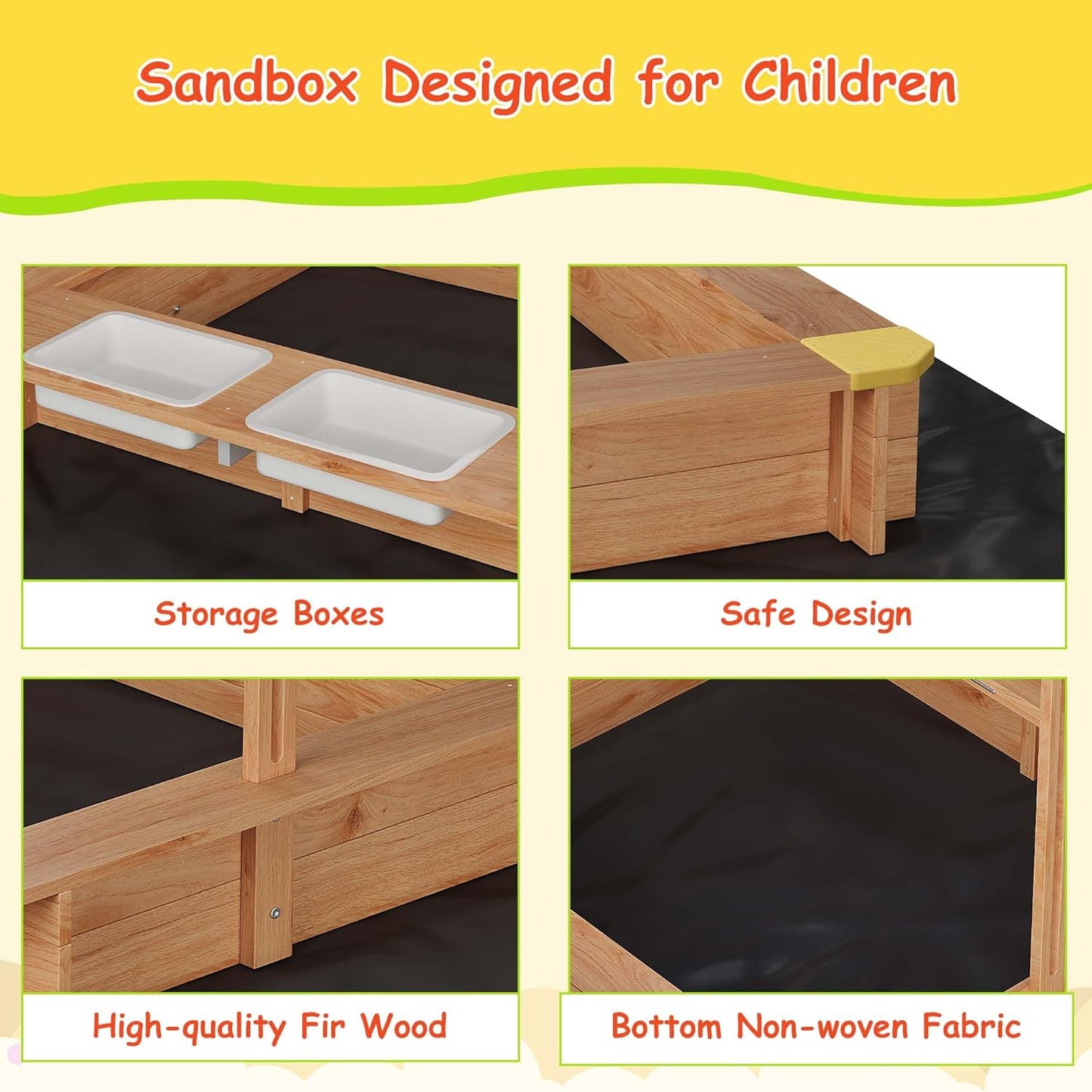 Garvee Kids Wooden Sandbox With 2 Plastic Boxes, Adjustable Canopy, Bottom Liner, 39.3 x 26.7"