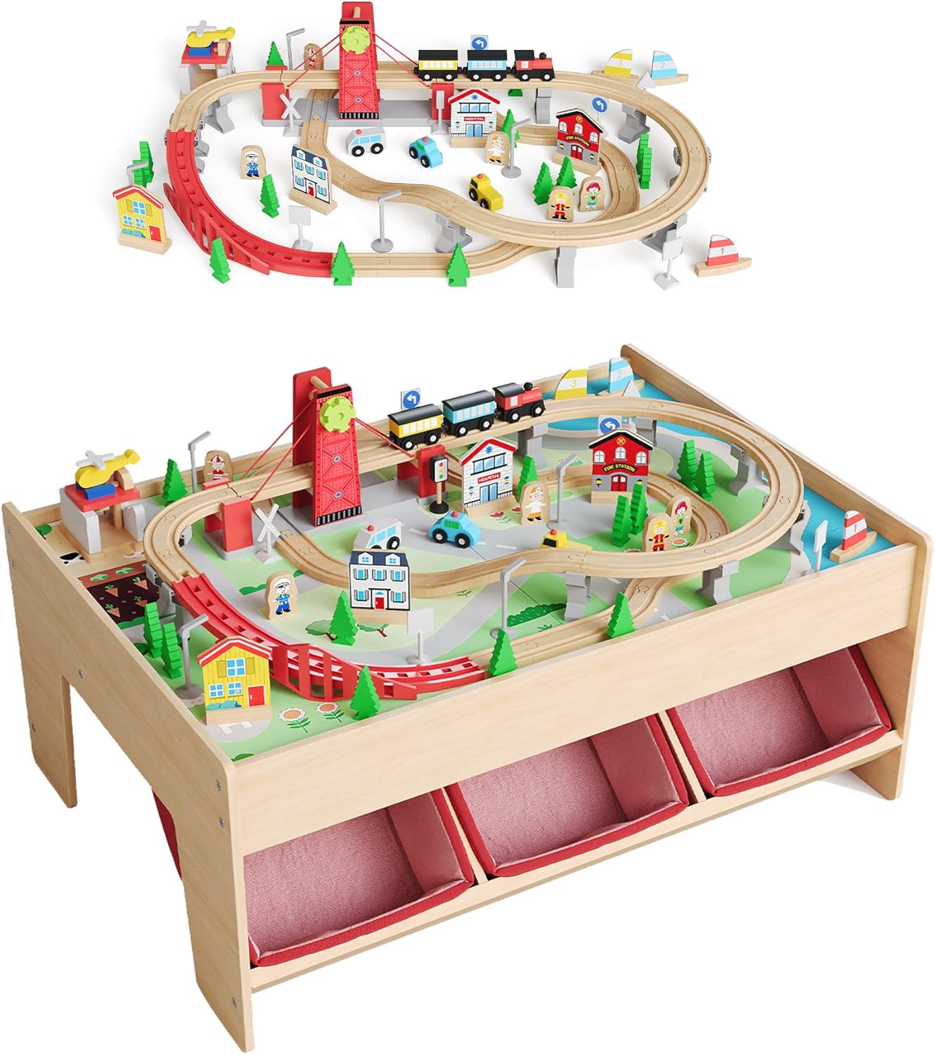 Garvee Wooden Train Table, 92 Piece Multicolor, 3 Storage Bins, 36.22 x 25.2 x 15.75"