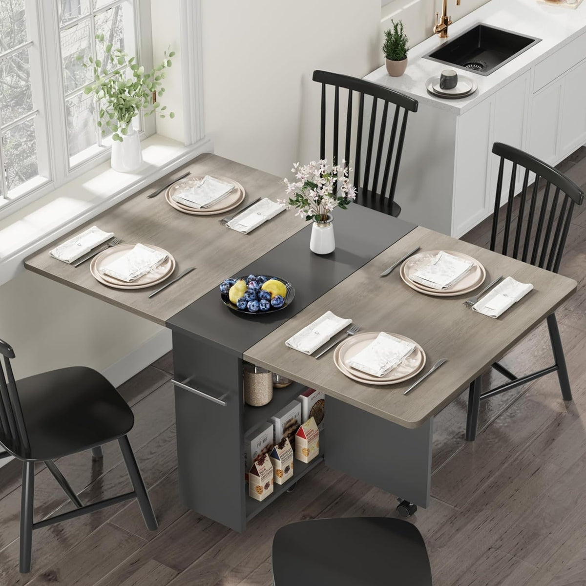 Garvee 47.2" Folding Dining Table, Folding and Expandable, 6 Wheels & 2 Storage Shelf