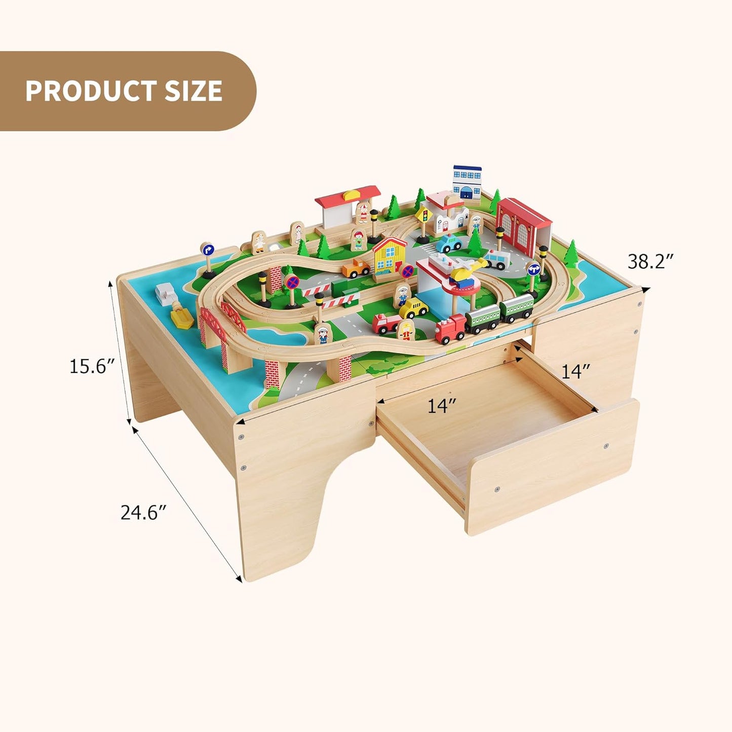 Garvee Wooden Train Table, 84 Piece Set with 1 Storage Bin, 38.2 x 24.6 x 15.6 Inch, for Toddlers 3+