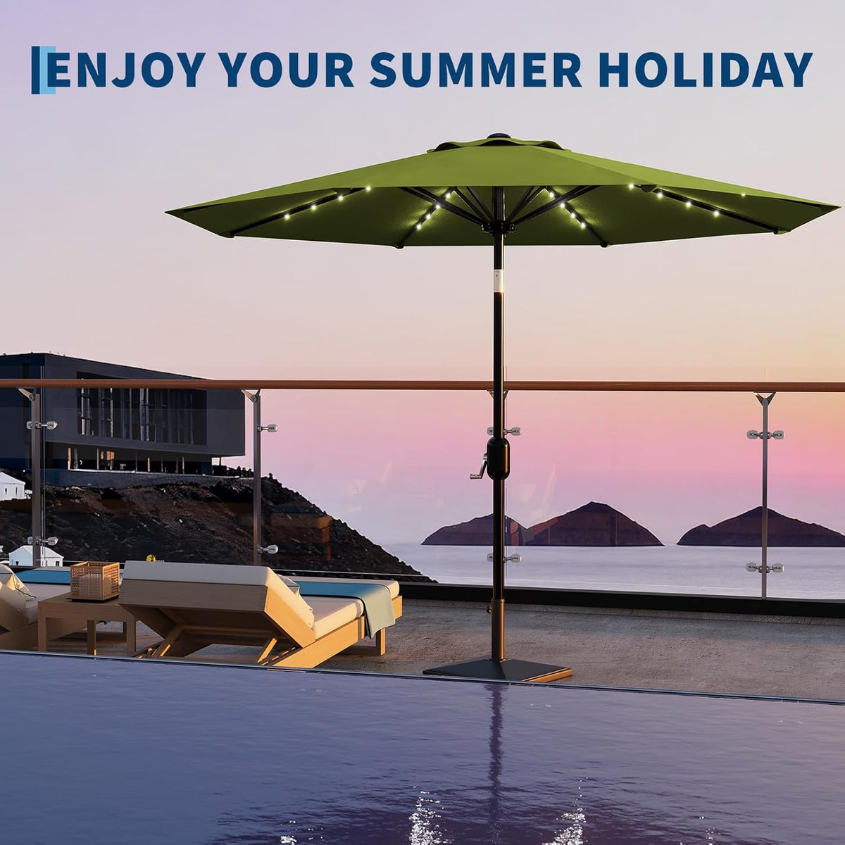Riedhoff 9 feet Patio Umbrella with 32 LED Solar Lights, 8 Ribs, Tilt Crank