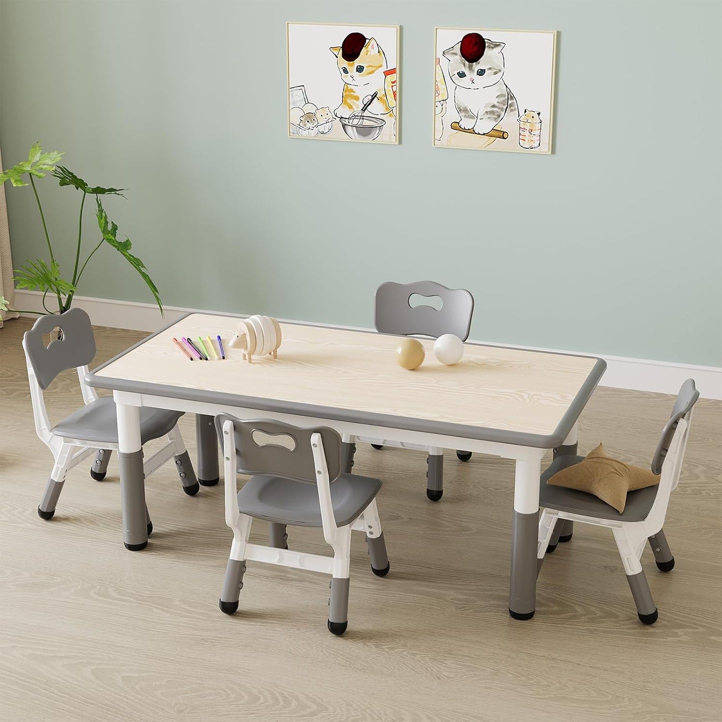 Garvee Kids Rectangular Activity Table and Chair Set 5-Piece, Adjustable Height , Gray