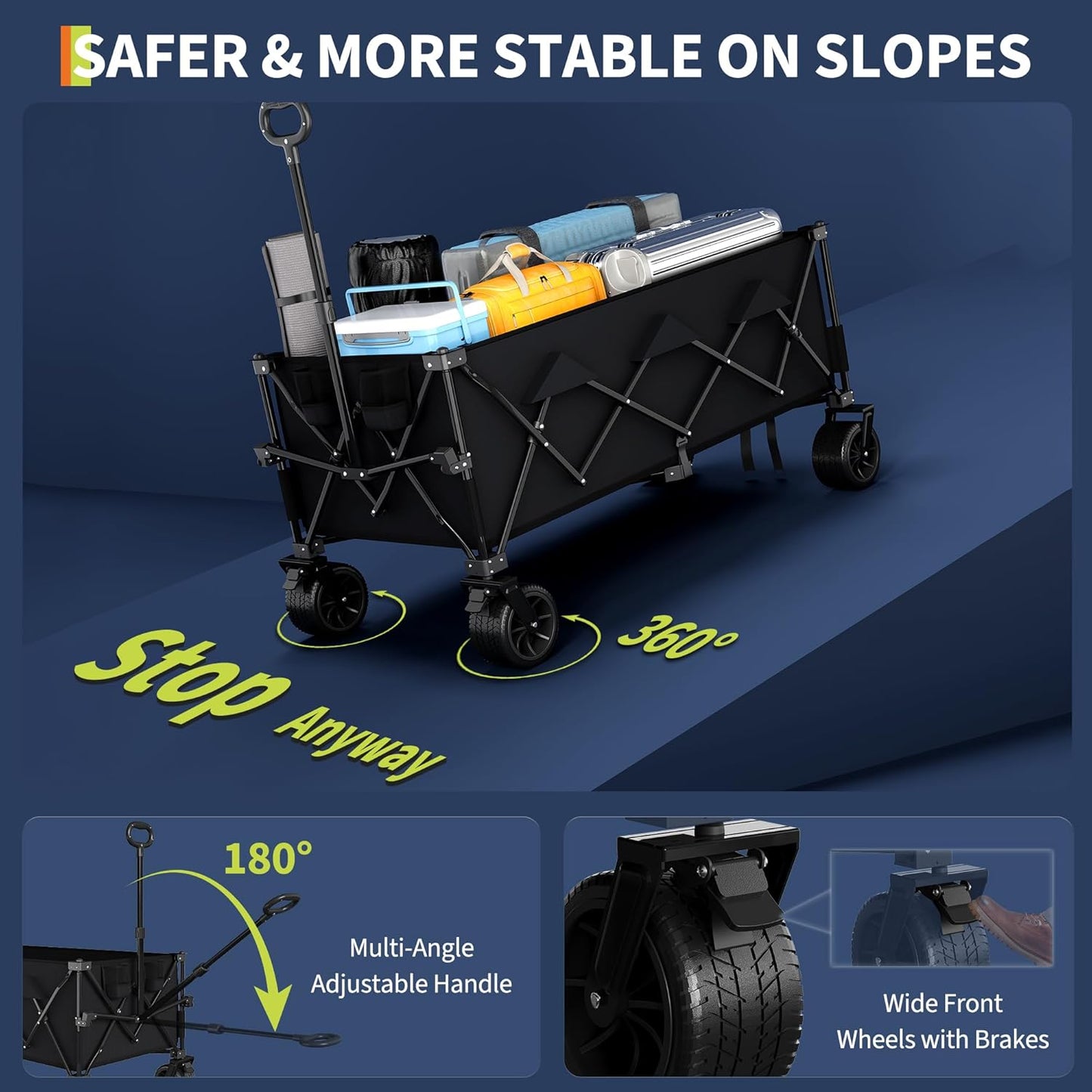 Garvee Extra Long Collapsible Wagons Carts, 54 x 29 x 42", All Terrain Wheels, Cup Holders