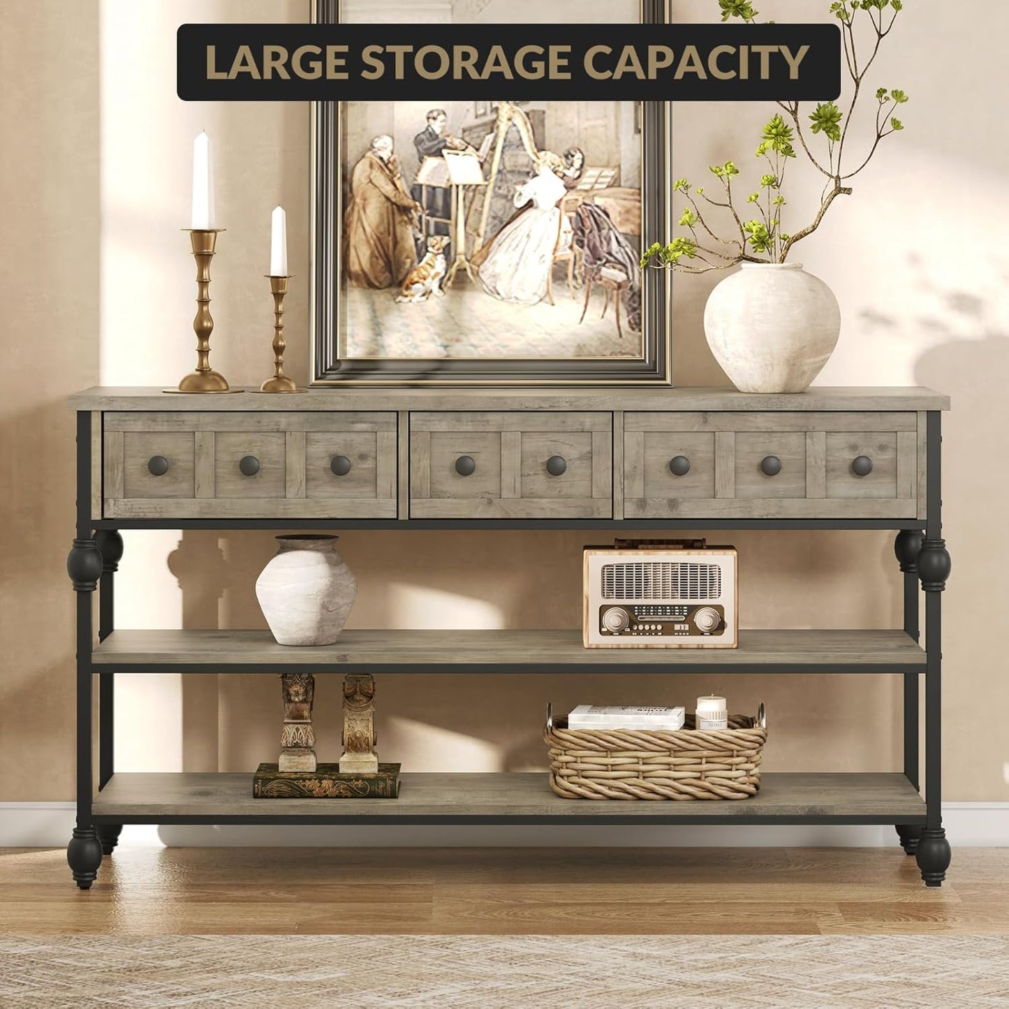 Garvee Console Sofa Table with 3 Drawers, 3-Tier Storage Shelves, 52.56 x 11.81 x 28.54", Gray