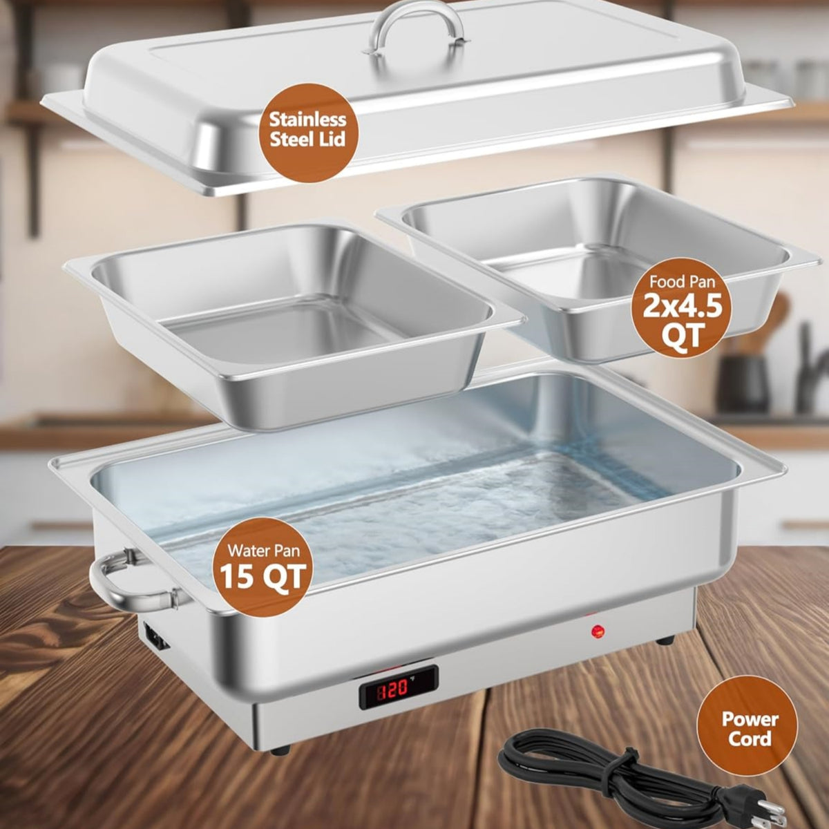 Riedhoff 9 qt Stainless Steel Electric Chafing Dish, with 2 Half-Size Pans and Lid, Silver