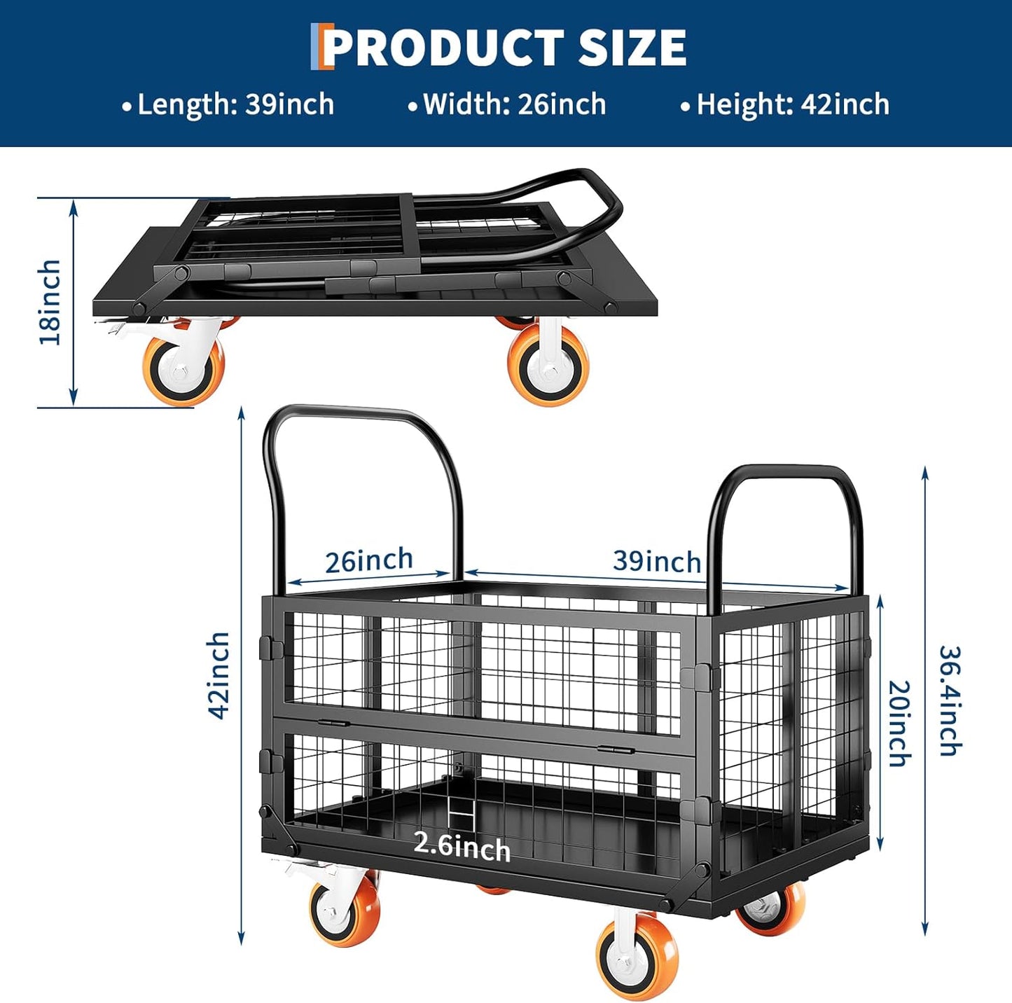 Garvee Foldable Platform Truck Cart, 39 x 26 x 42", with Cage Platform Truck,1800 lbs Max