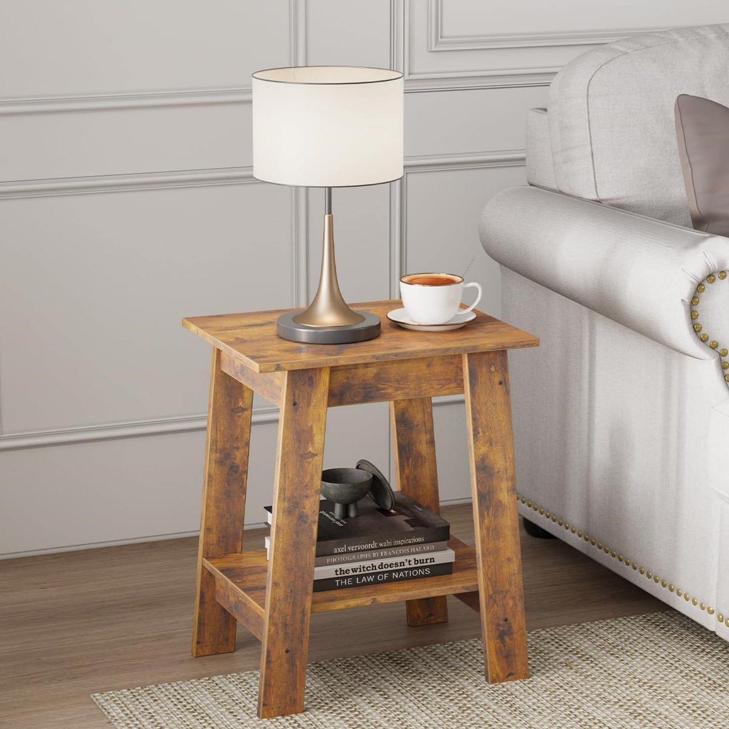 Garvee Farmhouse 2 Tiers End Table, with Storage Shelves