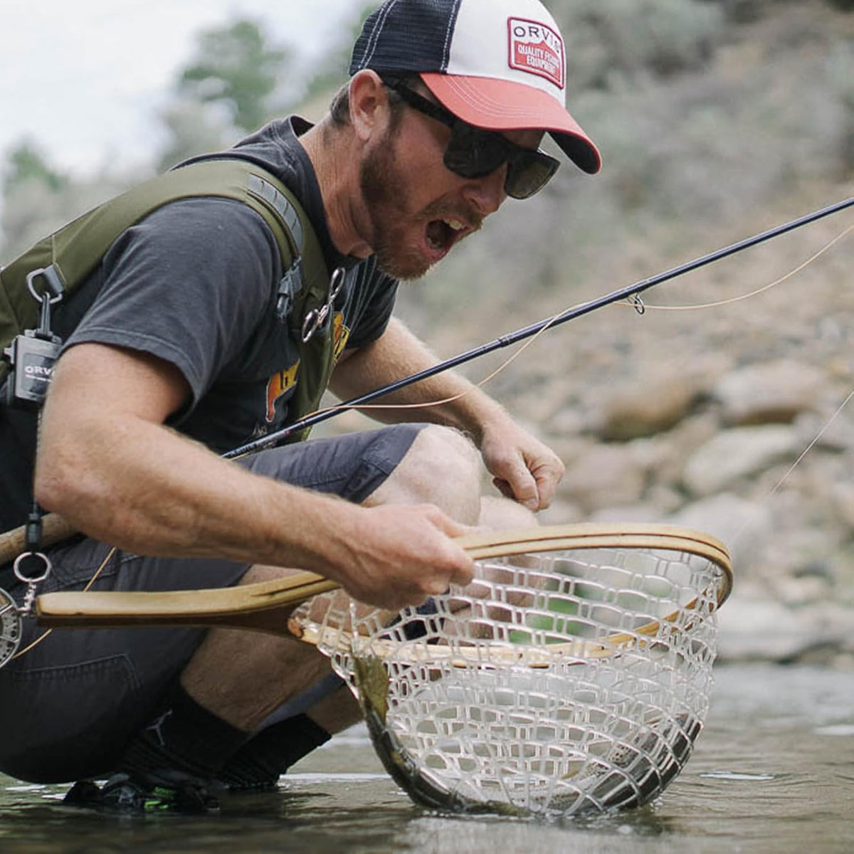 Riedhoff Wooden Handle Fly Fishing Net, with Durable Clear Rubber Net, 24" x 11" x 10"