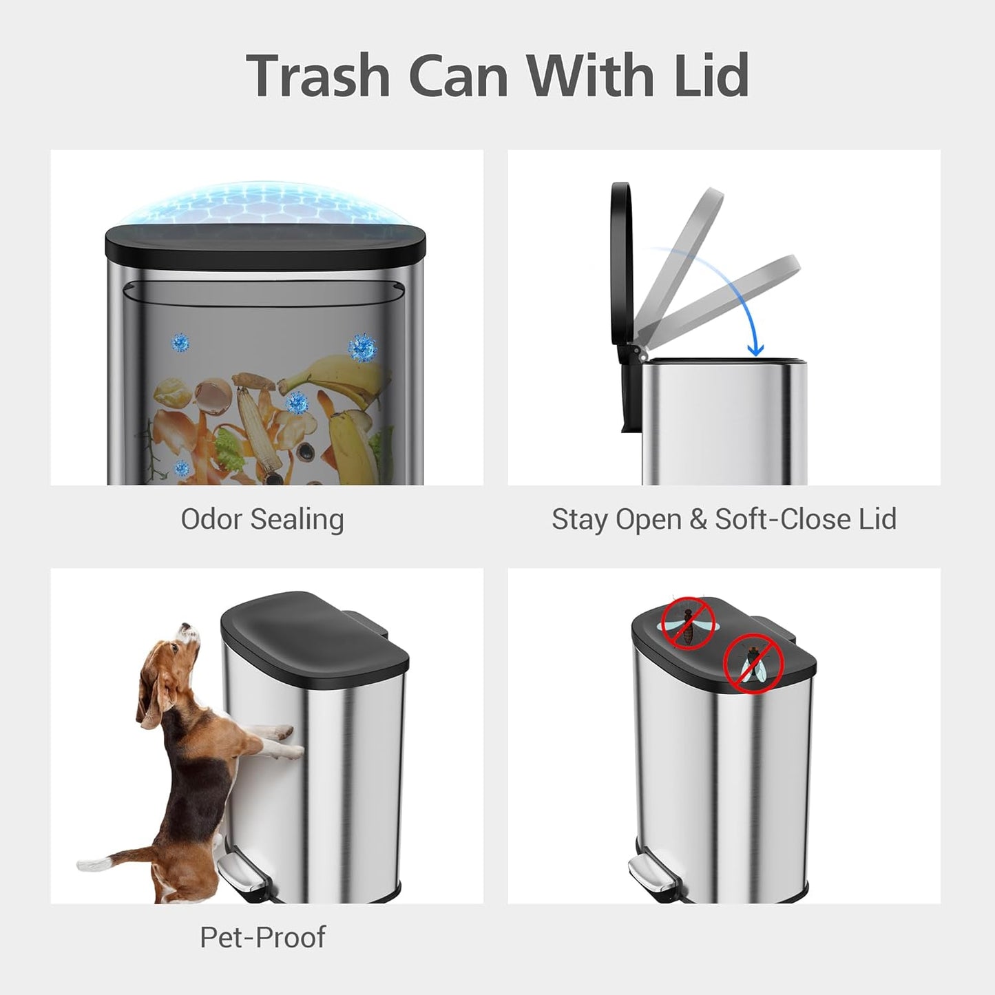 Goldensoil D Shape 13.2 Gallon Kitchen Stainless Steel Step-0n Trash Can,Silver