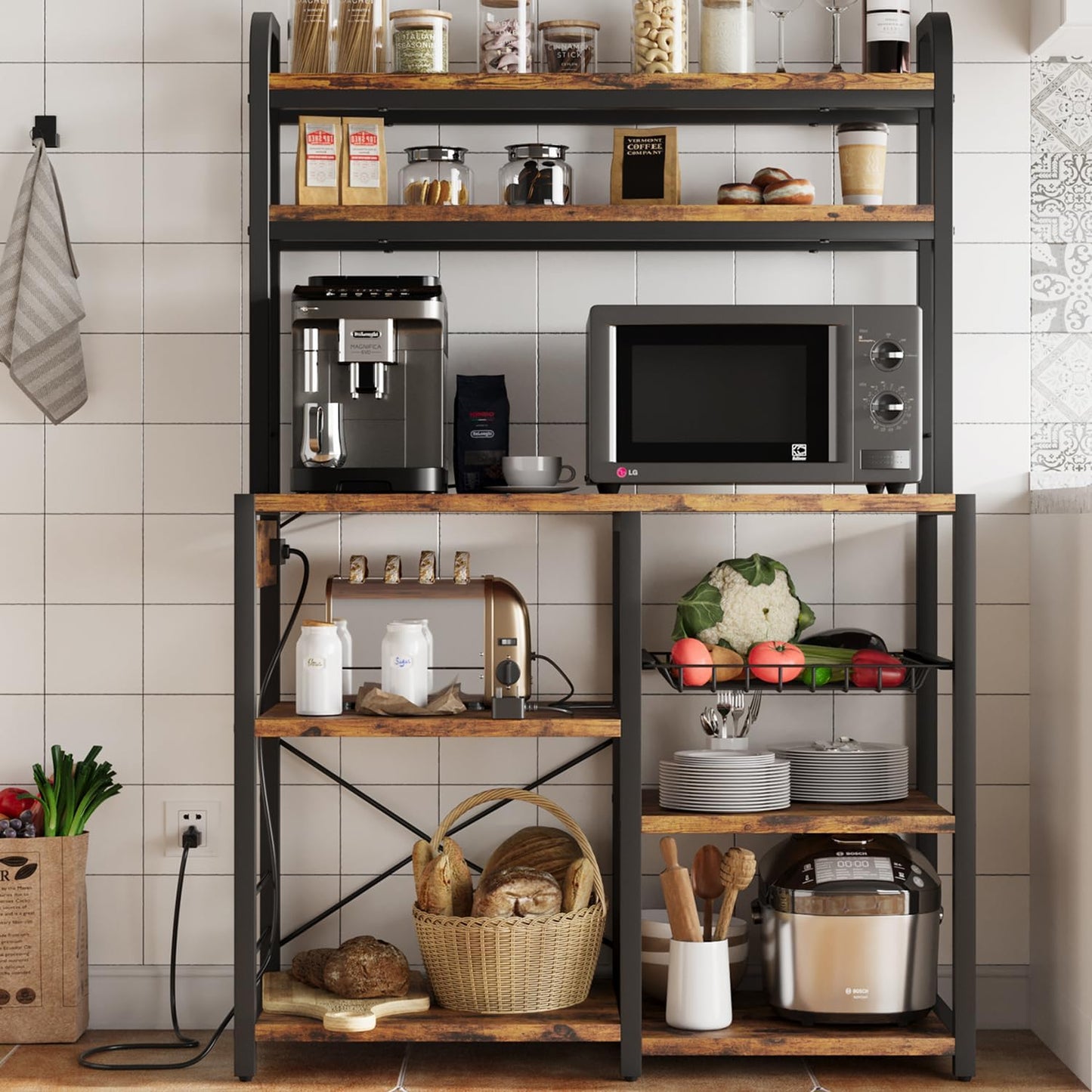 Garvee Kitchen Baker Rack with 2 Power Outlets, 6 Tier Storage Shelf, 35.4 x 15.7 x 59.1"