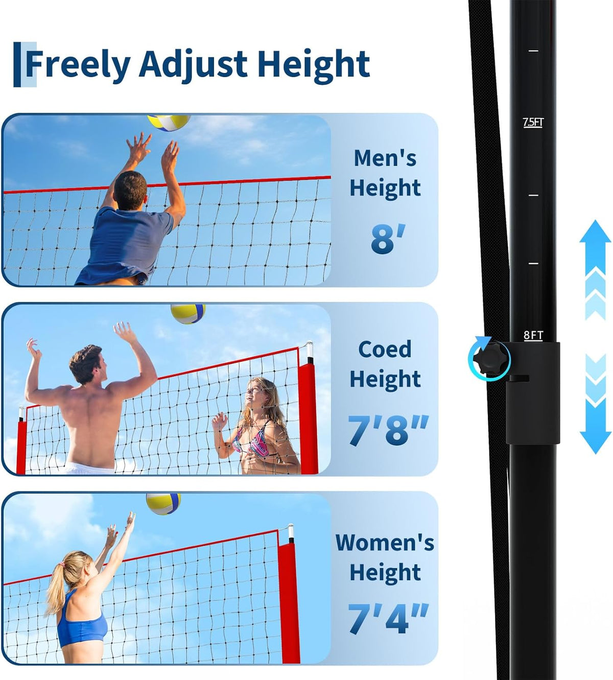 Riedhoff Volleyball Training Net System, Height Adjustable, 8.1 x 11 ft, with Carry Bag, Red