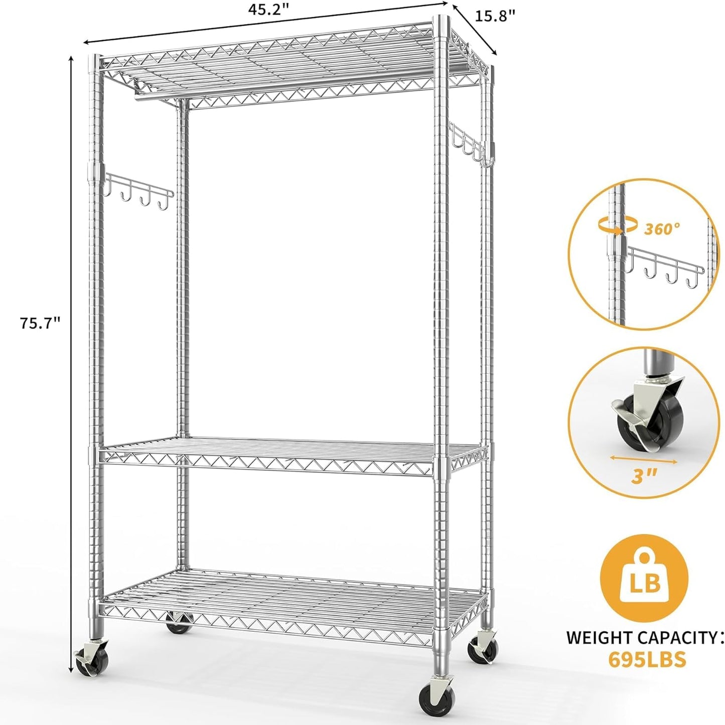Garvee Rolling Clothes Rack, Adjustable Garment Rack, Wheels and Hooks, 45.2 x 15.8 x 75.7", Silver
