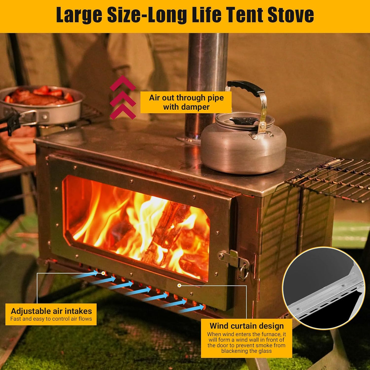 Riedhoff Wood Burning Hot Tent Stove, with Chimney and Grill, Camping Wood Stove, Silver