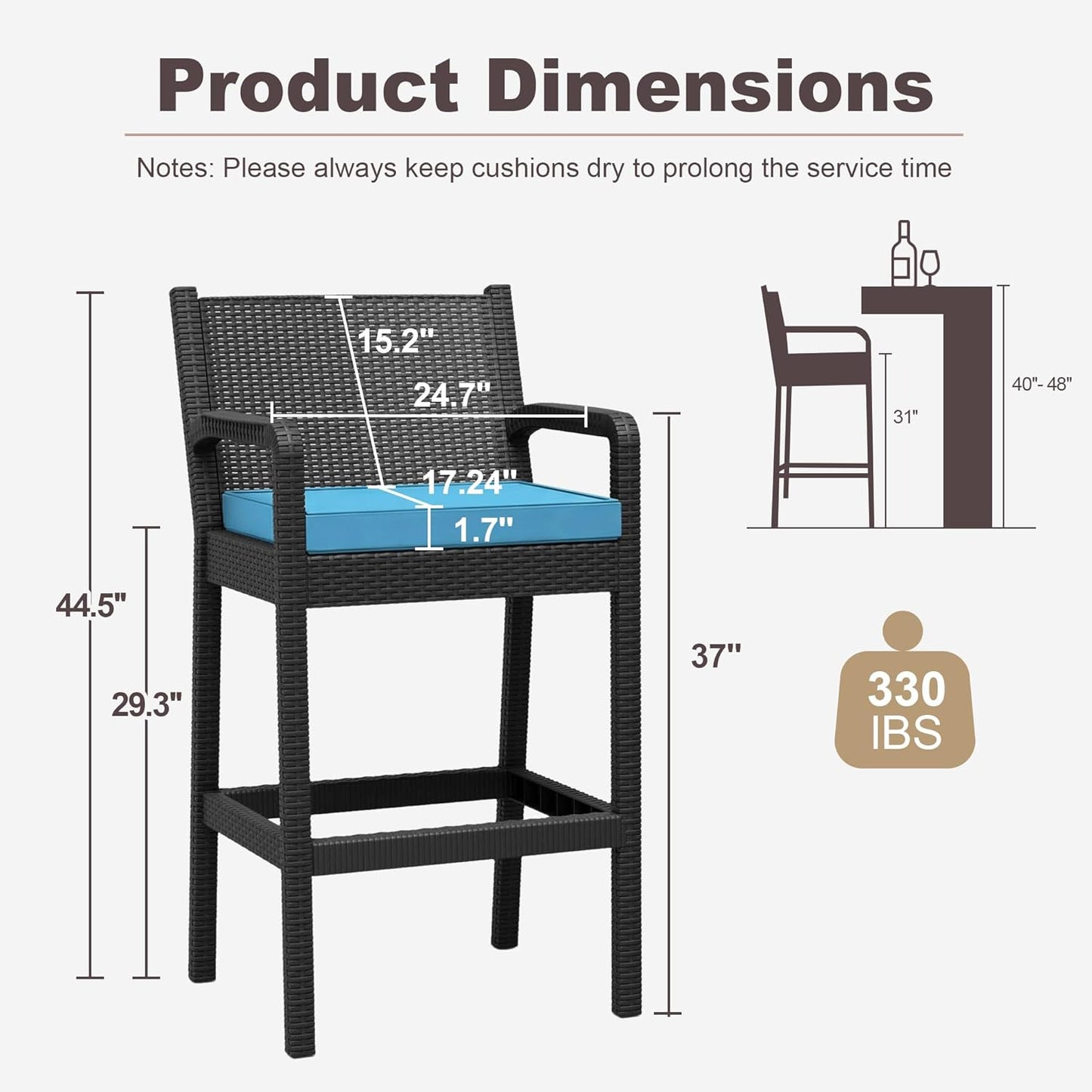 Garvee Patio Bar Stools Wicker Barstools, Set of 2, with Footrest & Armrest, 24.7 x 17.24 x 44.5"