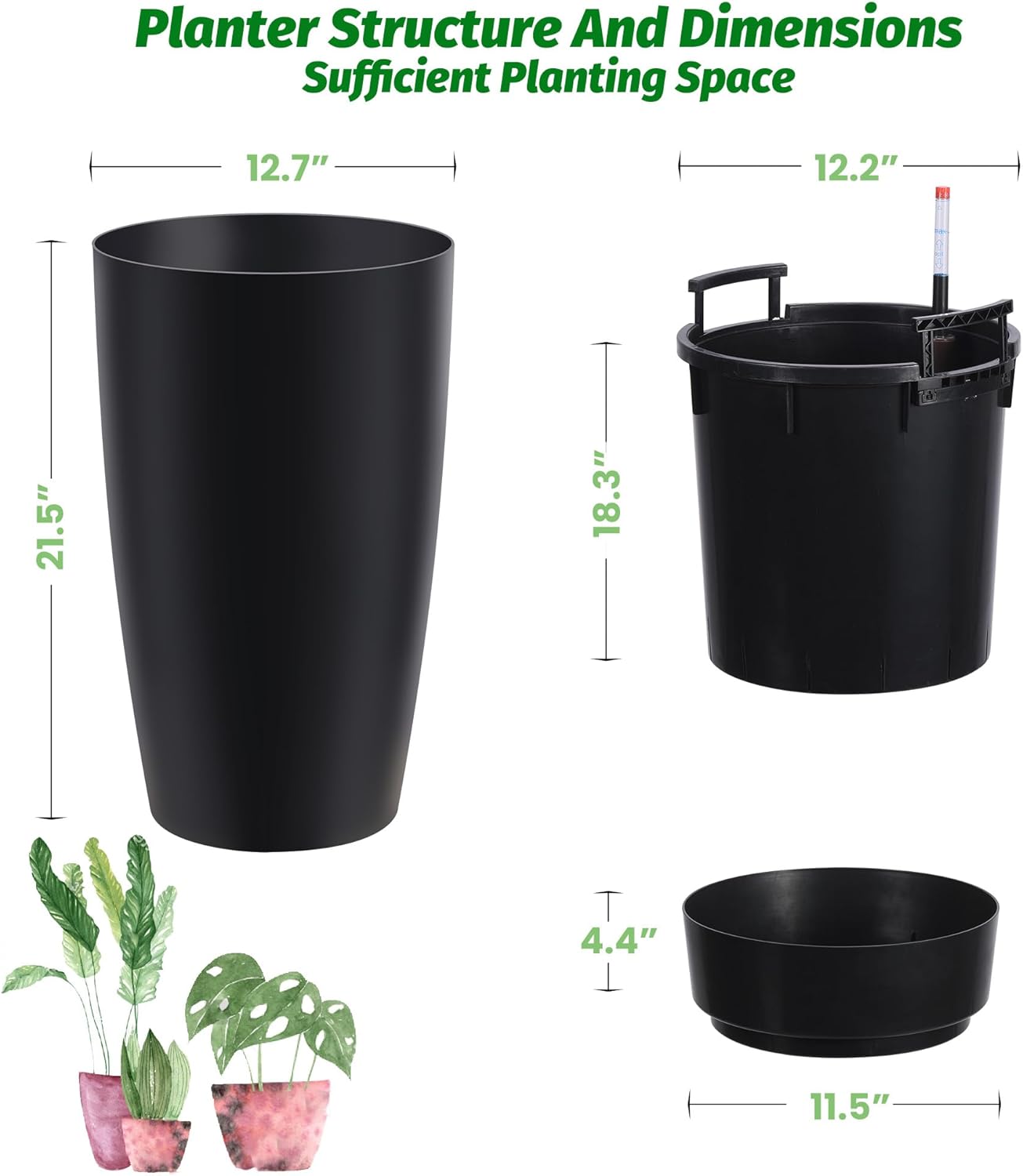 Riedhoff 21.5" Tall Round Planter Pots with Water Level Monitor, Self-Watering, 2 Count