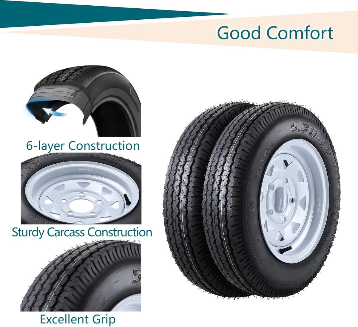 Riedhoff 5.30-12 Trailer Tires 2 Pack, with 12'' Rims, 5 Lug on 4.5", Load Range C, 6 PR, Black