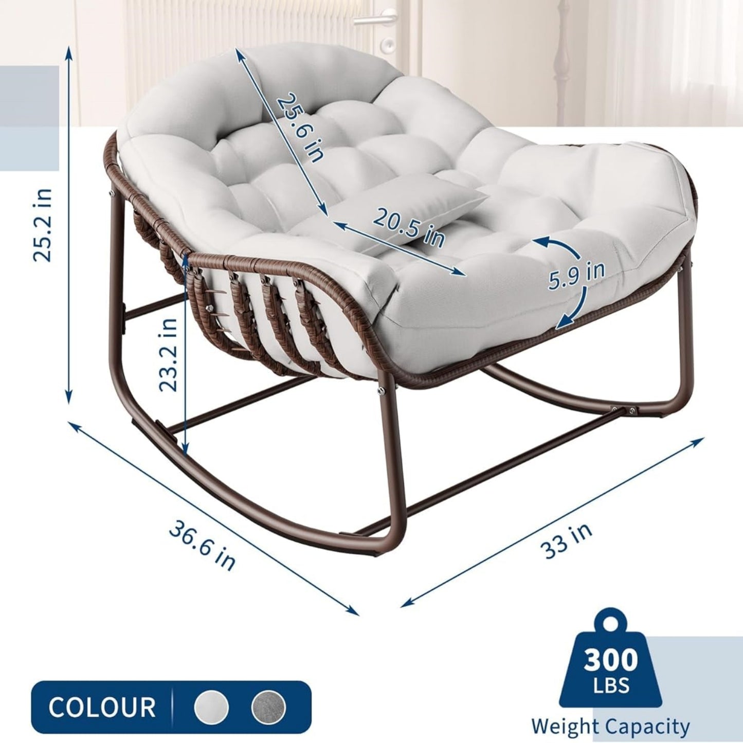 Garvee Outdoor Rocking Chair with Cushion, 36.6 x 33 x 25.2", Oversized Papasan Rocker