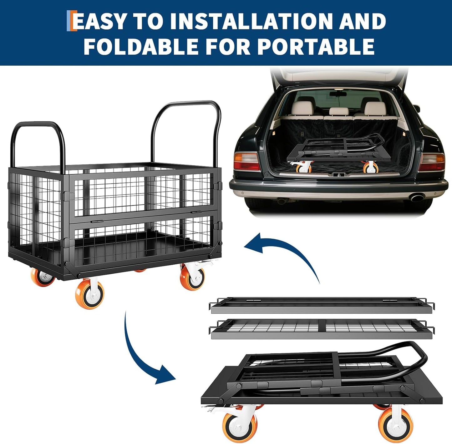 Garvee Foldable Platform Truck Cart, 39 x 26 x 42", with Cage Platform Truck,1800 lbs Max