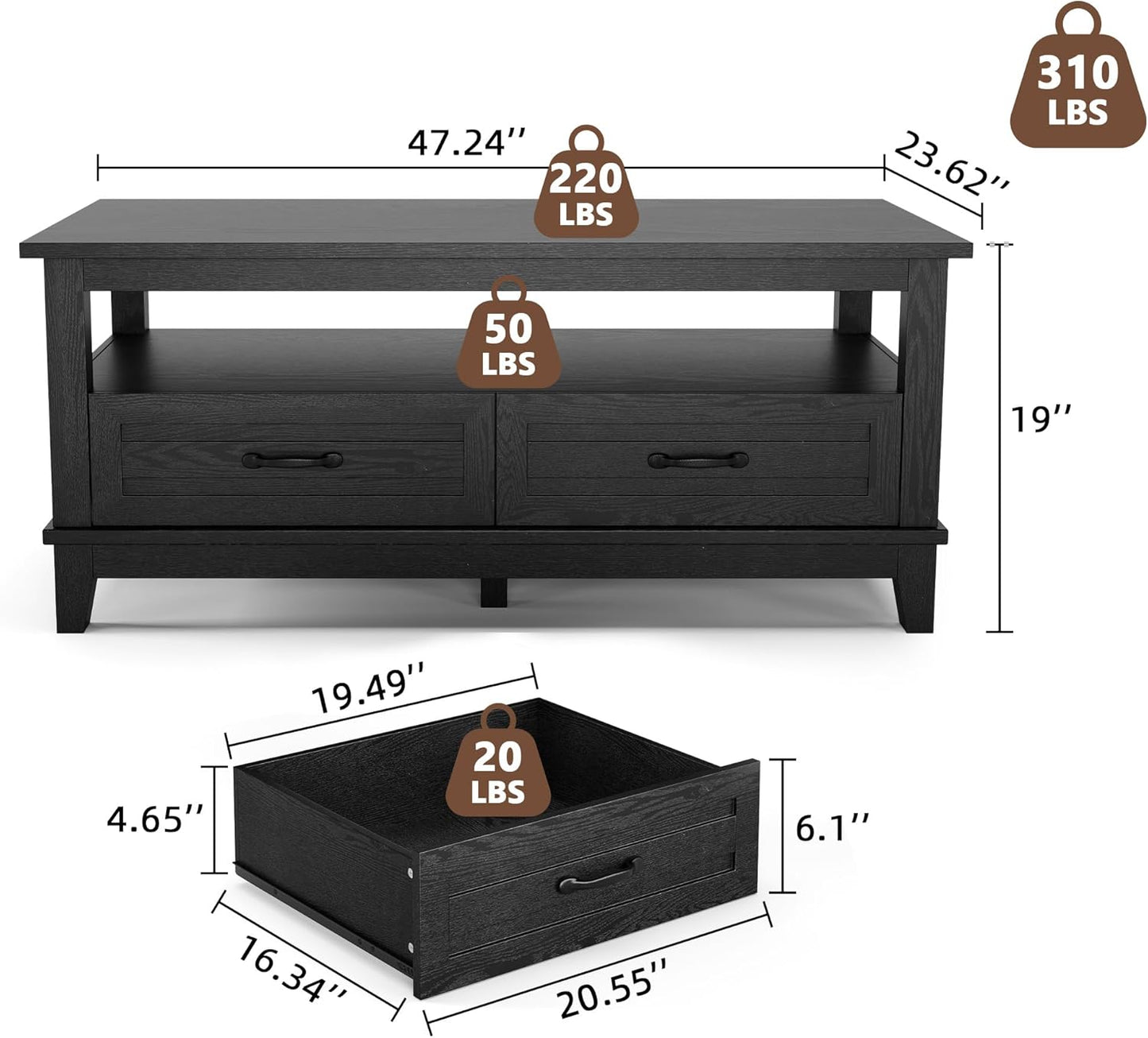 Garvee Farmhouse Coffee Table with 2 Drawers, 47.24 x 23.62 x 19", Open Shelf