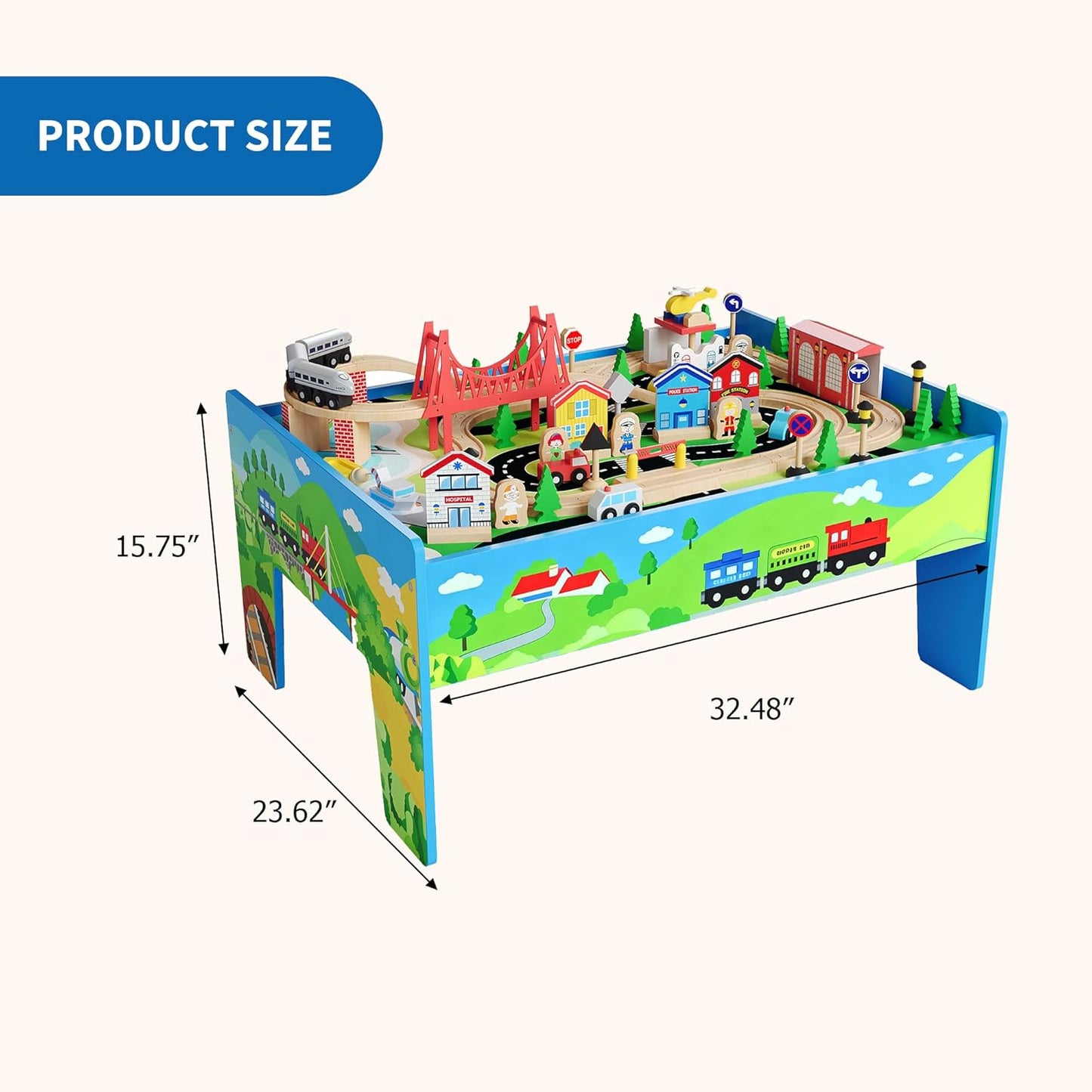 Garvee Wooden ﻿Train Table 33" x 24" x 16", with 80 Multicolor Piece, for Toddlers 3+