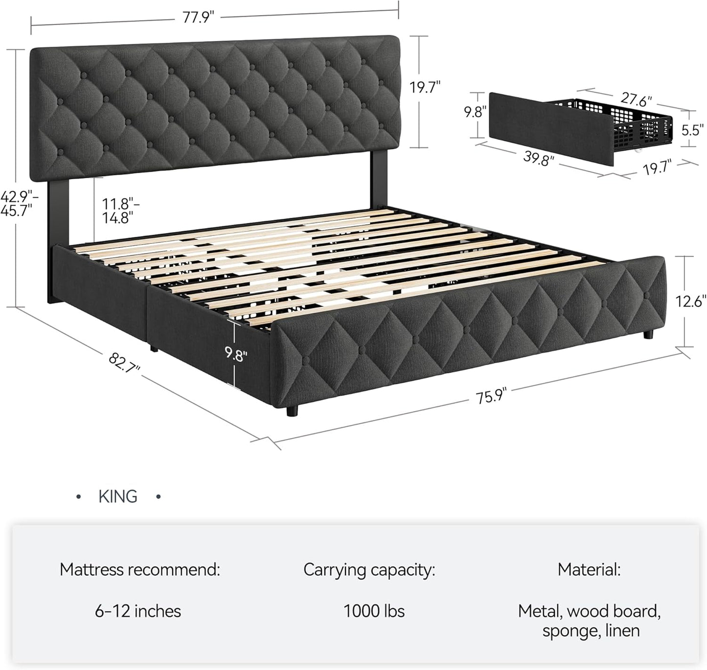 GARVEE Bed Frame with 4 Storage Drawers & Adjustable Headboard