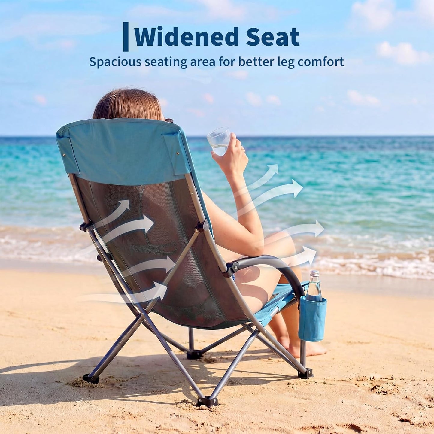 Garvee High Back Beach Chair, 28.2 x 23.5 x 32.3" with Cup Holder & Storage Pocket, Blue