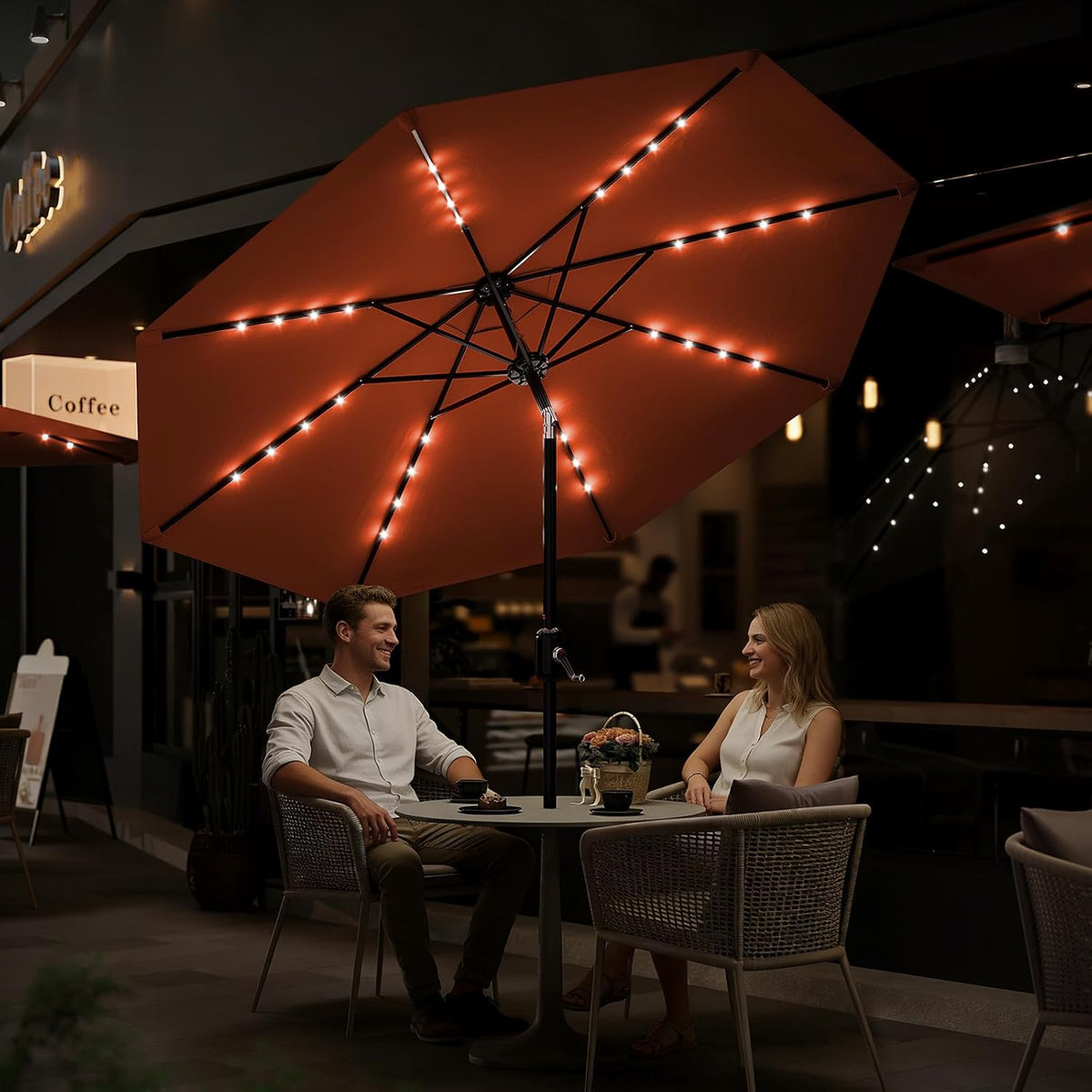 Riedhoff 9 feet Patio Umbrella with 32 LED Solar Lights, 8 Ribs, Tilt Crank