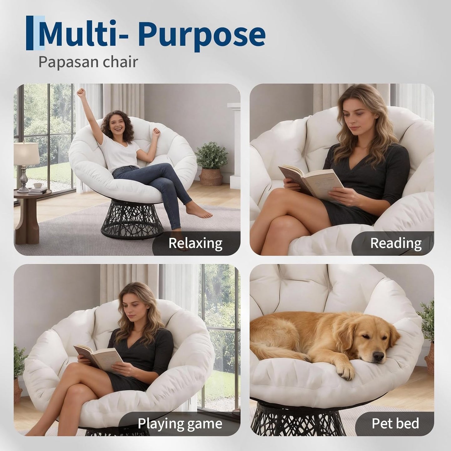 Riedhoff Wicker Papasan Chair 49 x 49 x 36", Extra-Thick Cushion, 360° Swivel Base