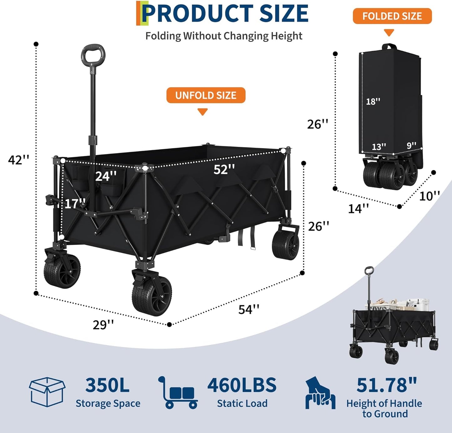 Garvee Extra Long Collapsible Wagons Carts, 54 x 29 x 42", All Terrain Wheels, Cup Holders
