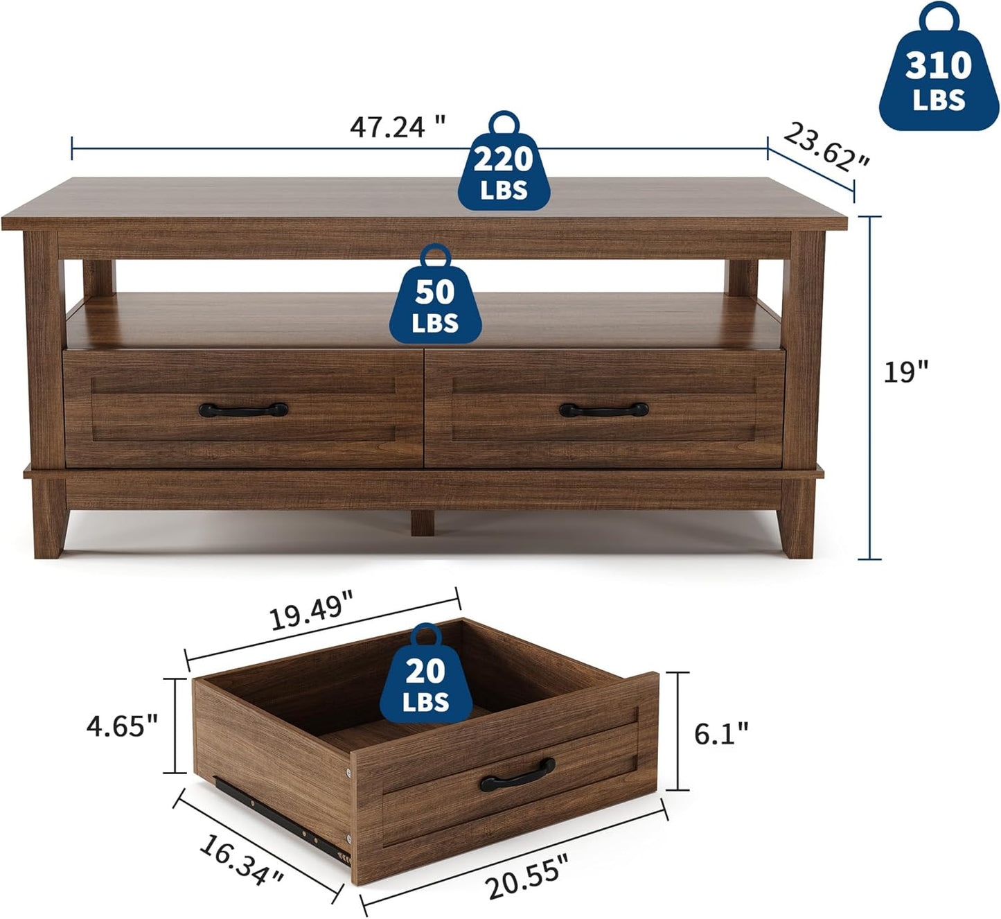 Garvee Farmhouse Coffee Table with 2 Drawers, 47.24 x 23.62 x 19", Open Shelf