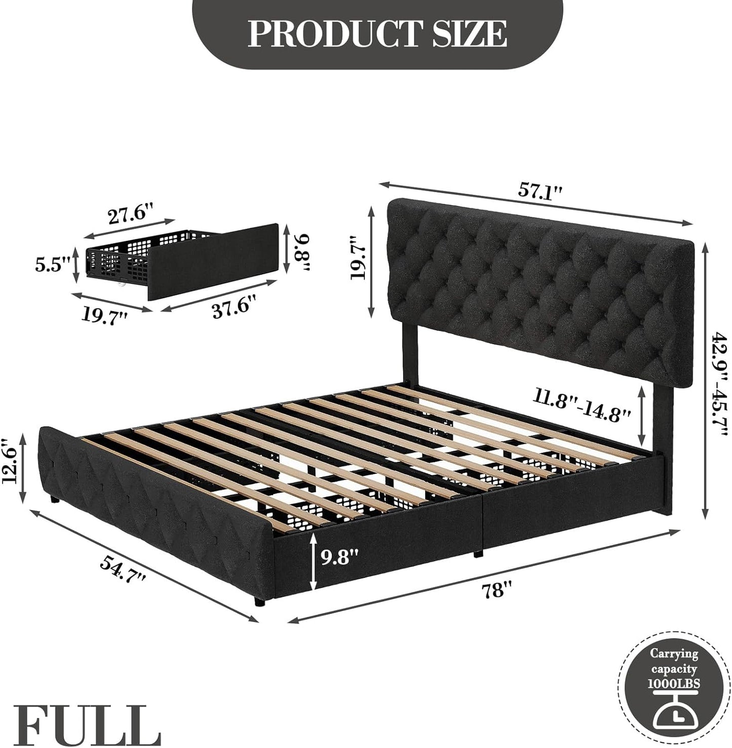 GARVEE Bed Frame with 4 Storage Drawers & Adjustable Headboard