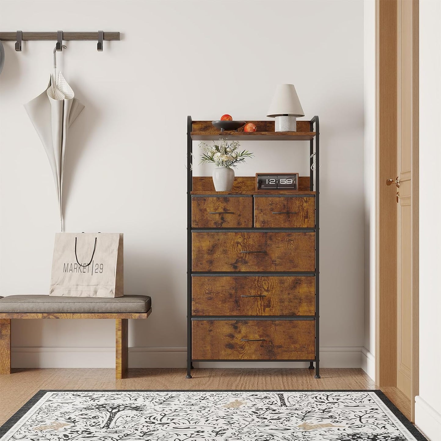 Garvee 5 Drawer Dresser for Bedroom, Wood Top, with Storage Organizer Fabric Bins