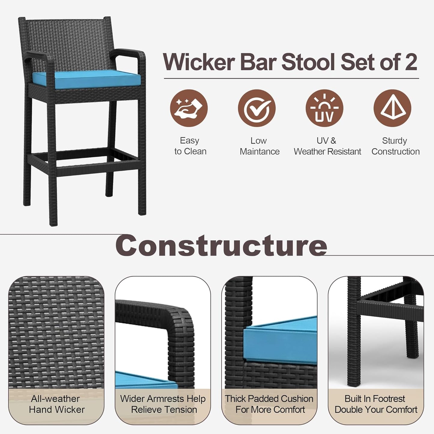 Garvee Patio Bar Stools Wicker Barstools, Set of 2, with Footrest & Armrest, 24.7 x 17.24 x 44.5"