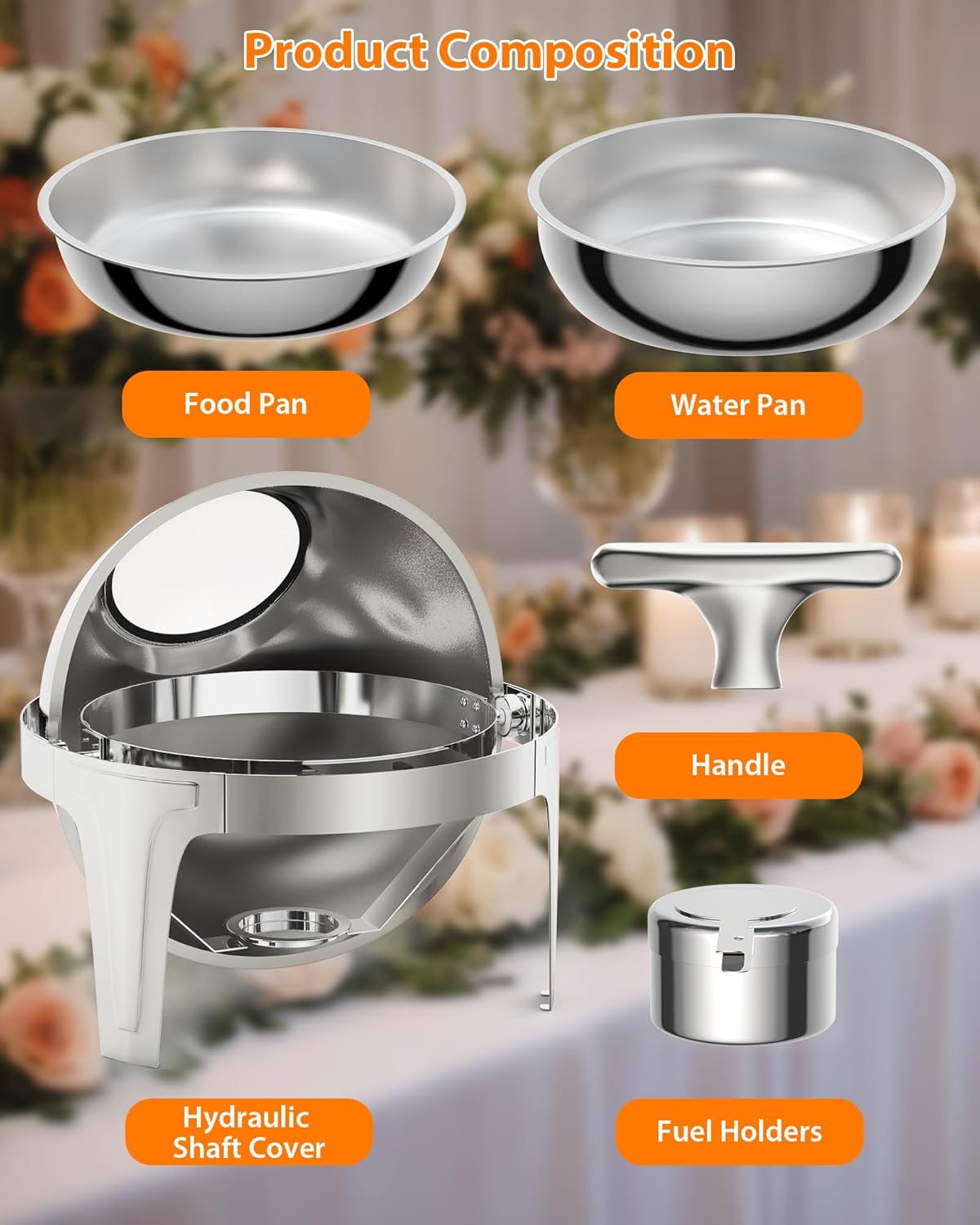 Garvee Chafing Dish Buffet Set with Roll Top 6.3 QT, Glass Window & Full Size Food Pan, Silver